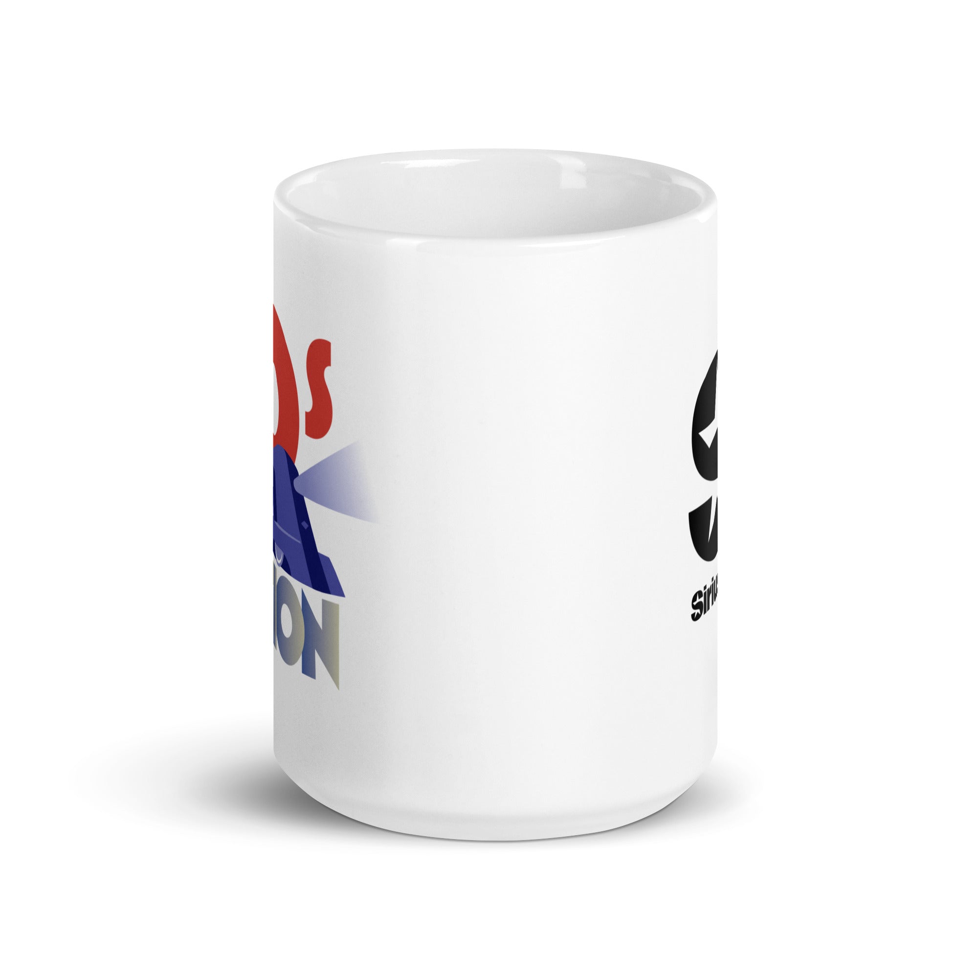 Side view of white ceramic mug, with partially visible front and back logos.