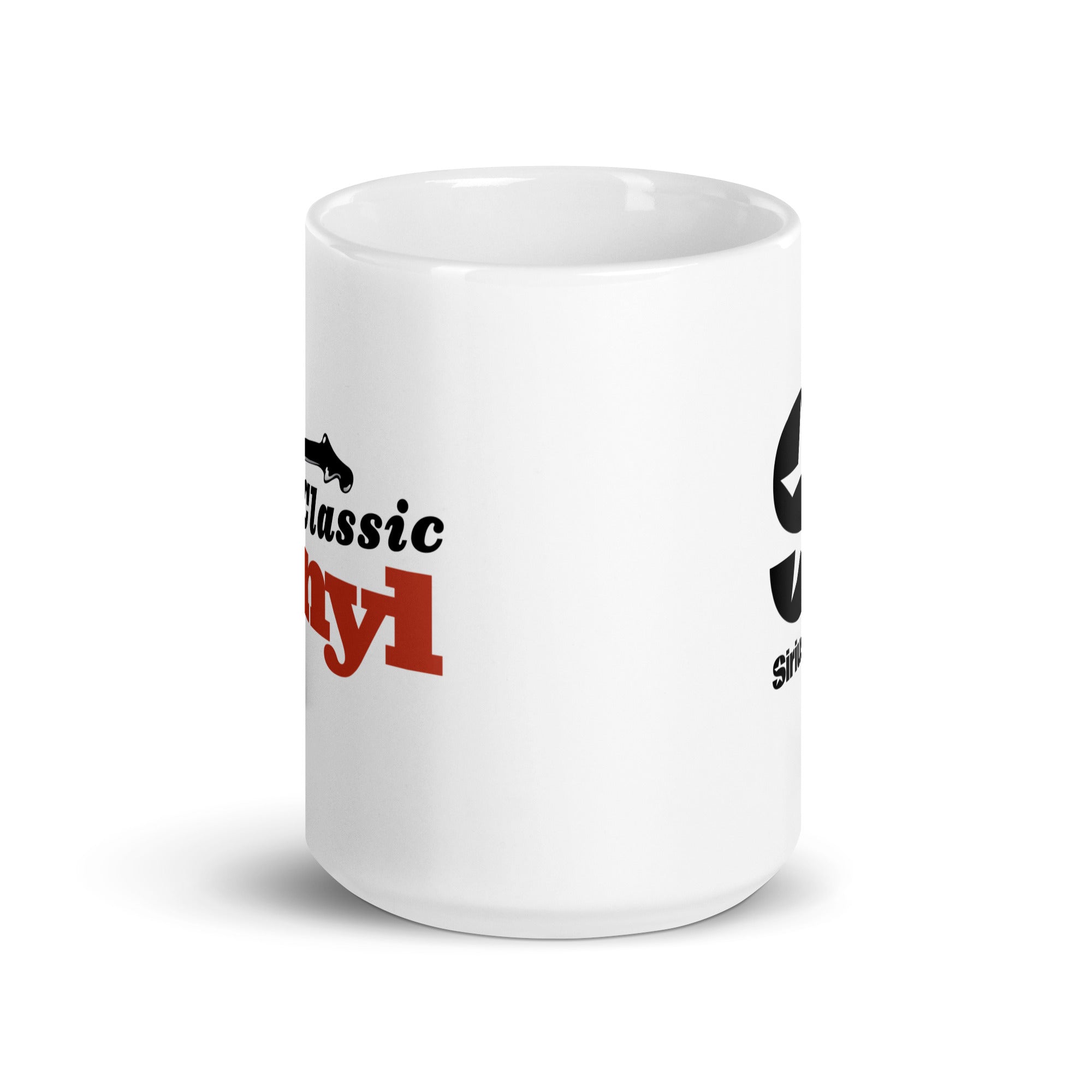 White mug. View opposite of handle.