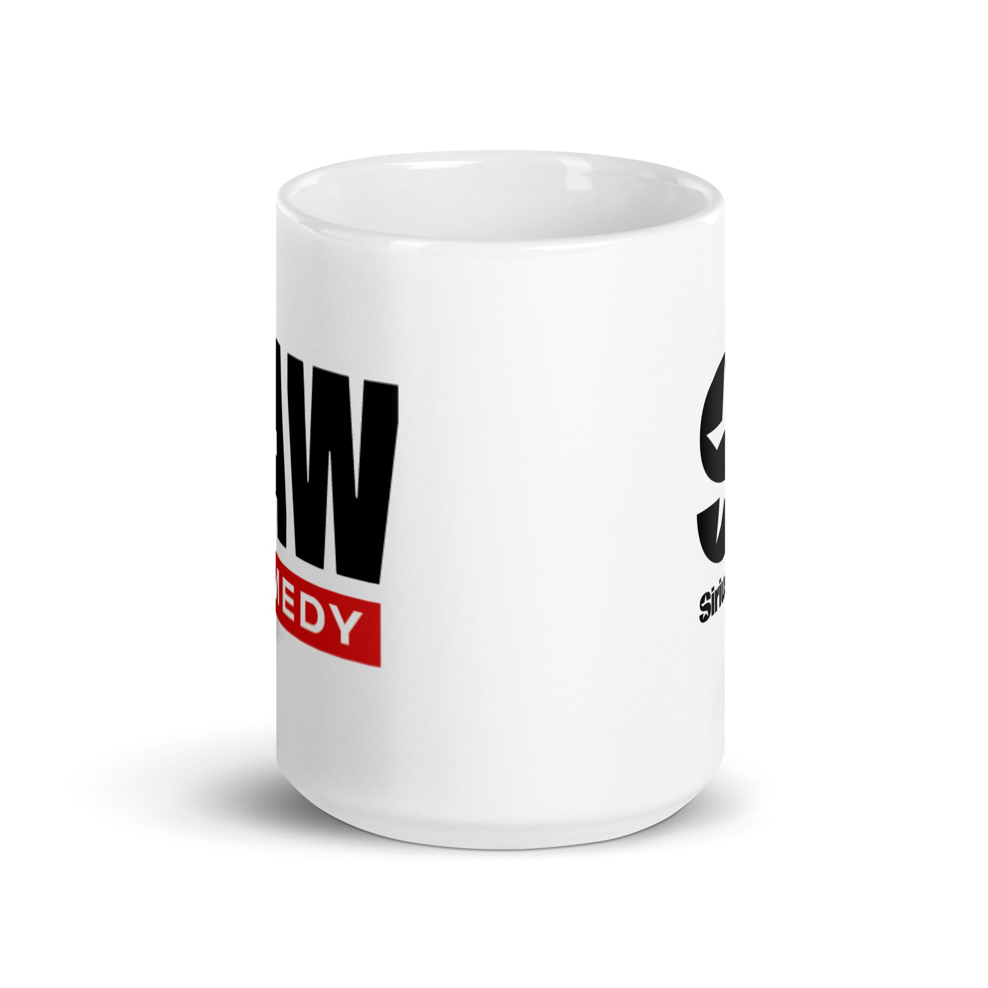 Side view of white ceramic mug, partially featuring front and back logos.