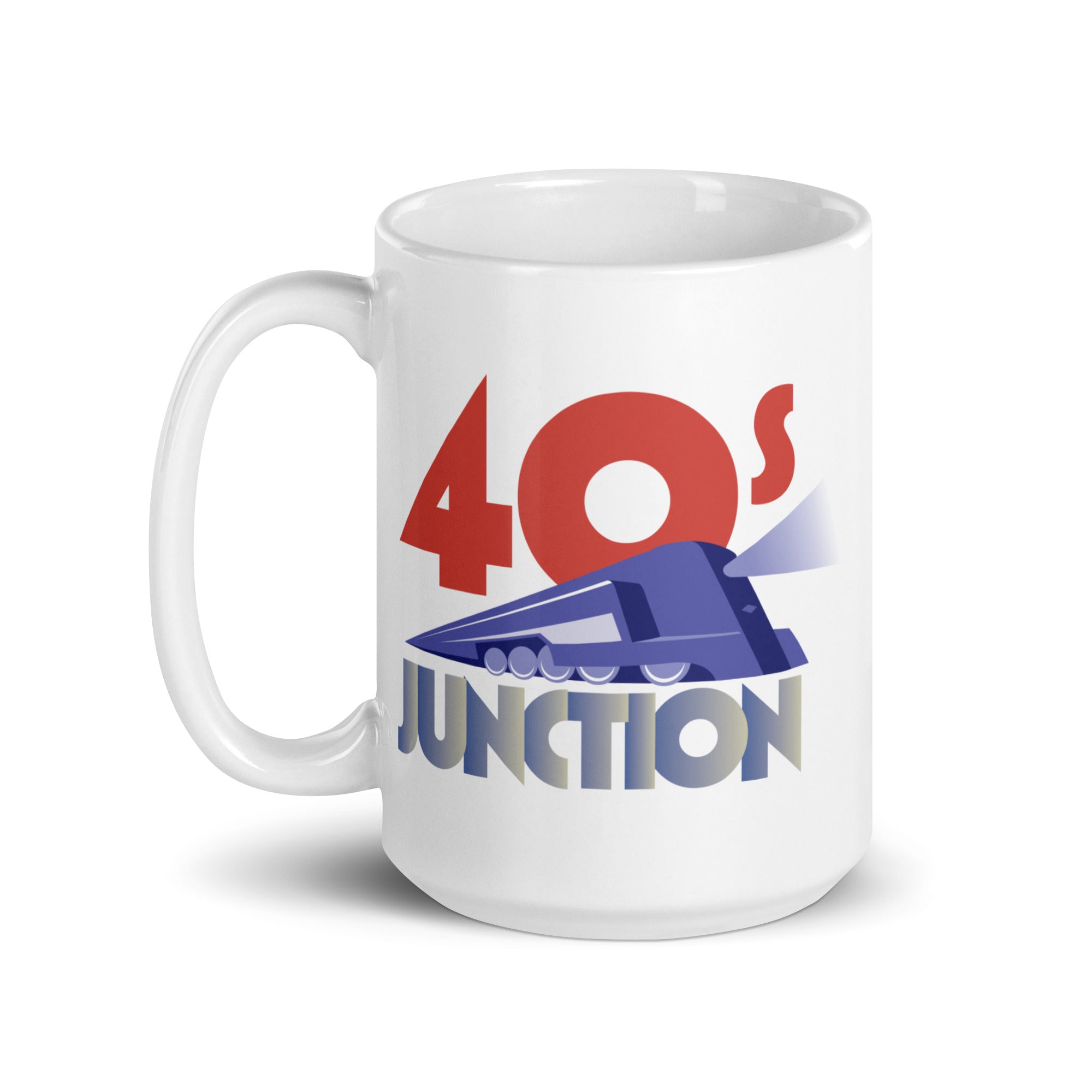 White mug featuring the text '40s Junction' and an illustration of a blue train.