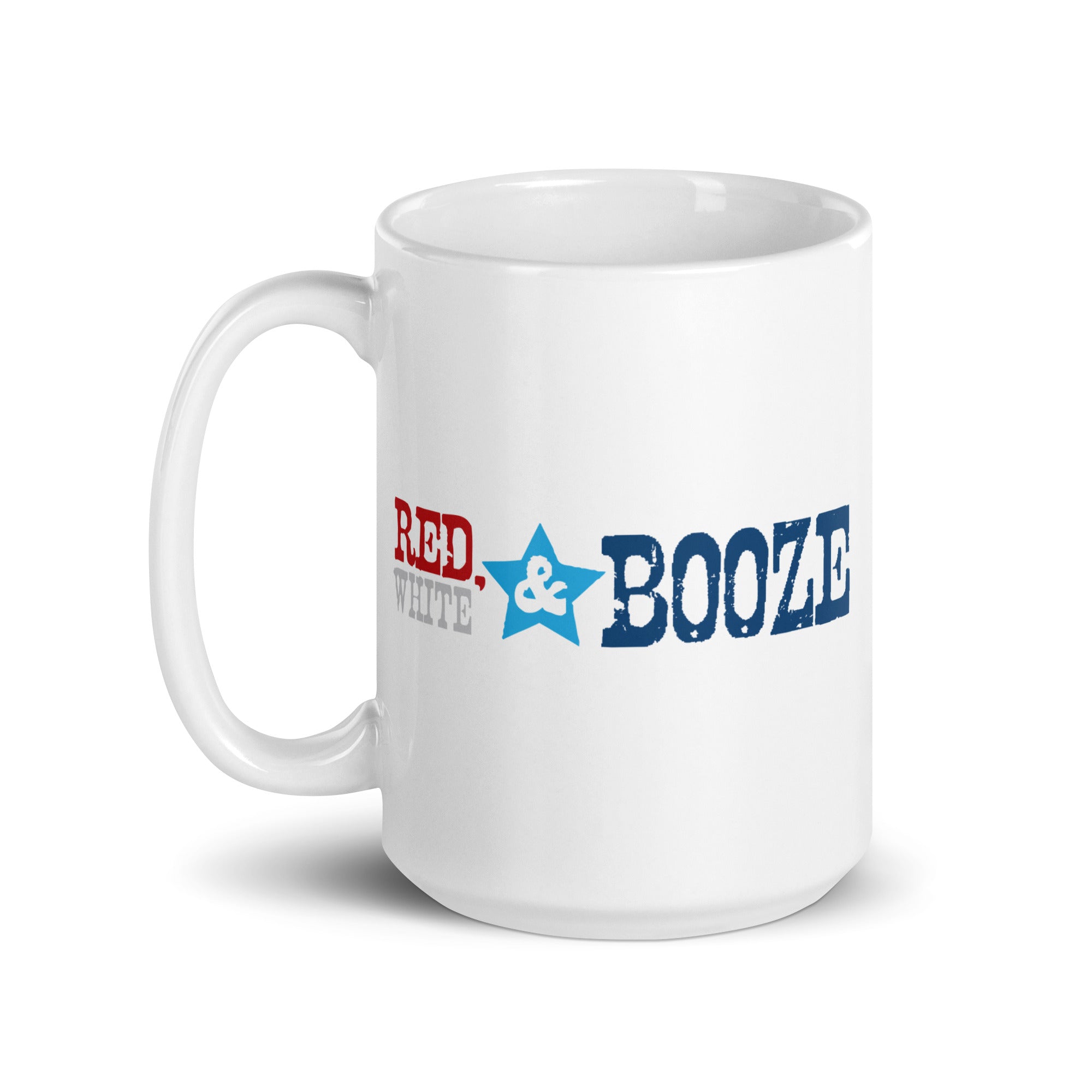 White mug with 'RED, WHITE & BOOZE' text in red, blue, and gray.