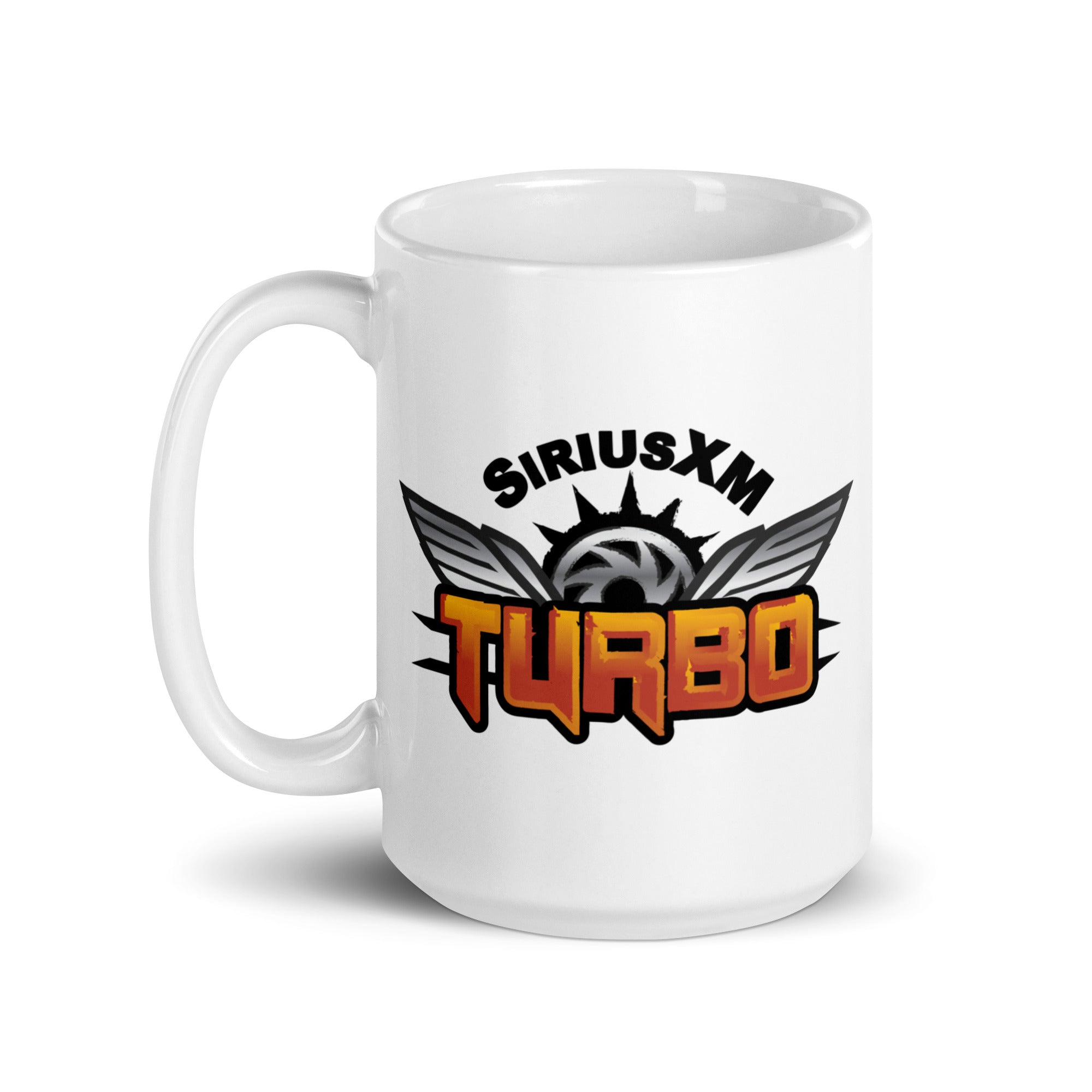 White mug featuring the 'SiriusXM Turbo' logo with wings and a wheel design.