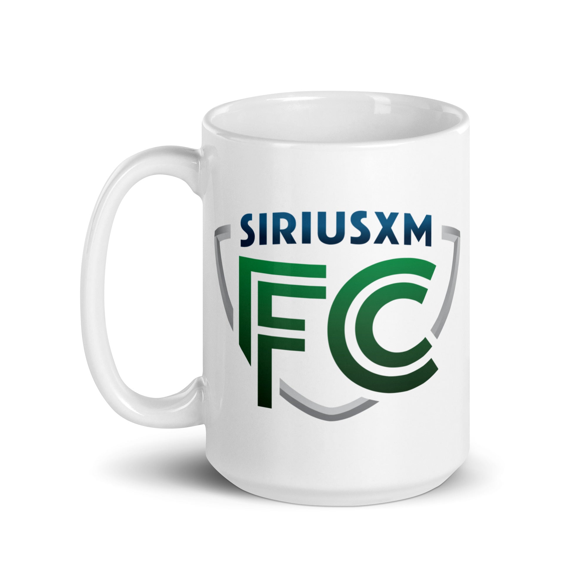 Coffee mug featuring the 'SiriusXM FC' logo in blue, green and grey.