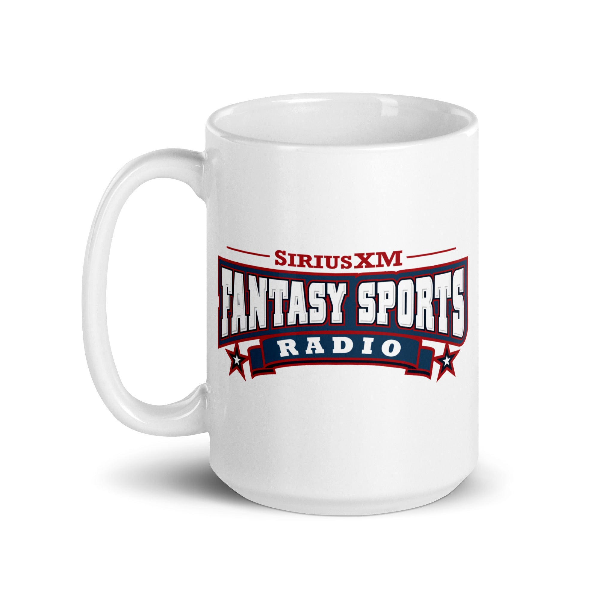 White mug featuring the 'SiriusXM Fantasy Sports Radio' logo in red, white and blue.