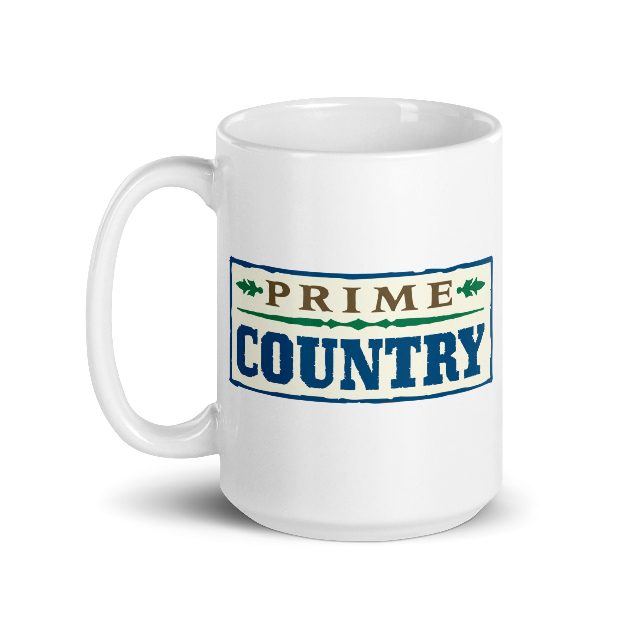 White mug featuring the text 'PRIME COUNTRY' in blue, brown, and green colors.