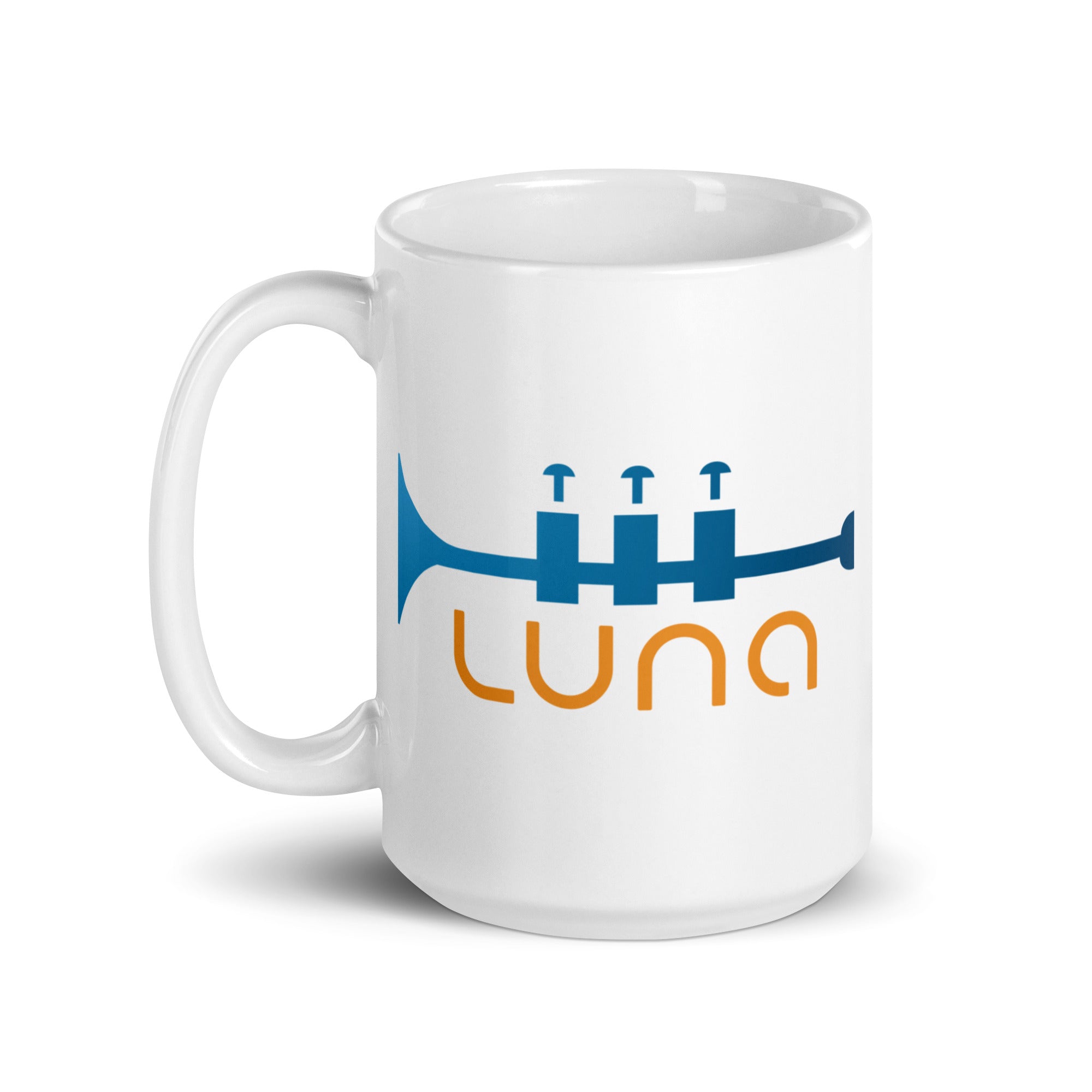 White coffee mug with blue trumpet logo and 'Luna' in orange text.