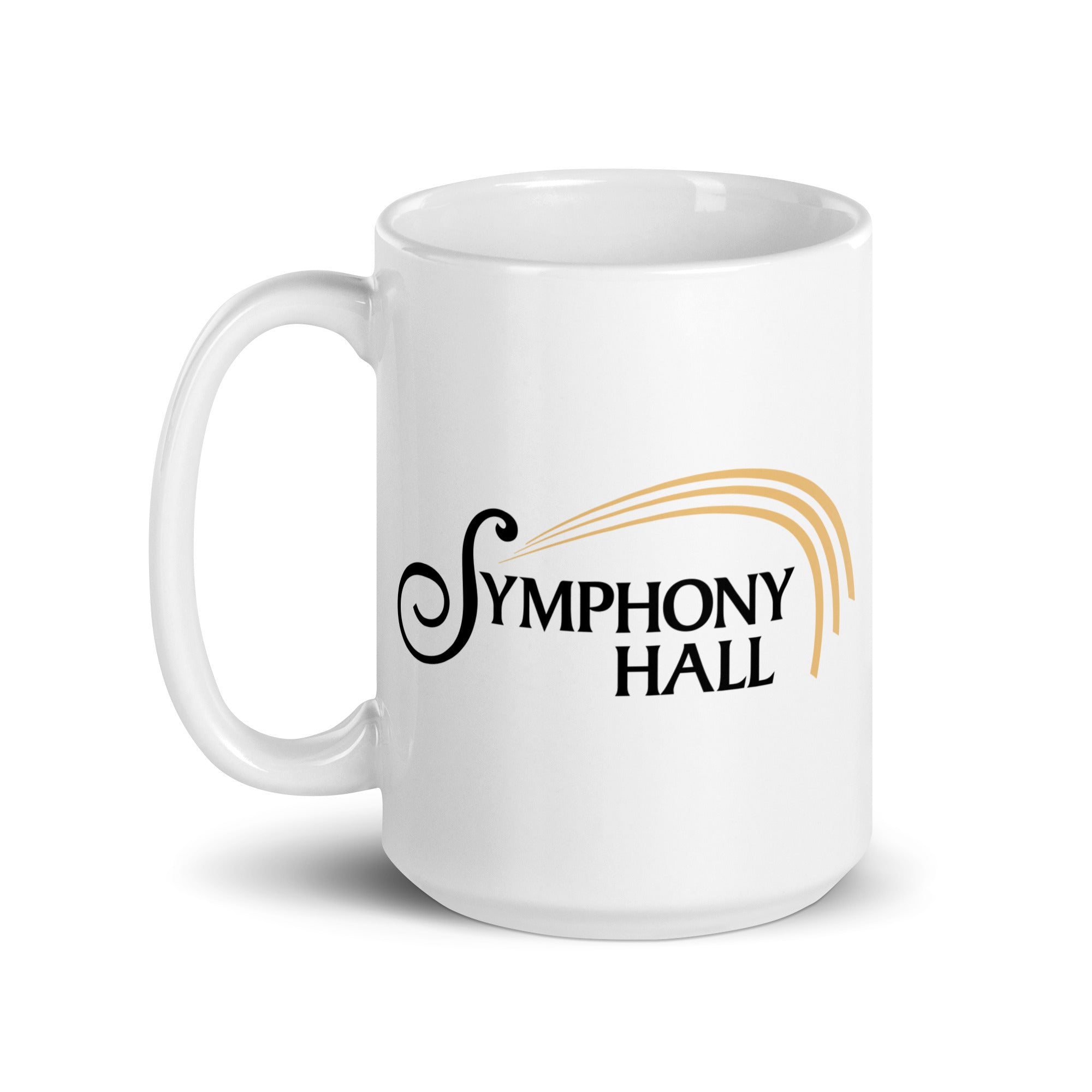 White mug featuring the logo of Symphony Hall with elegant design elements.