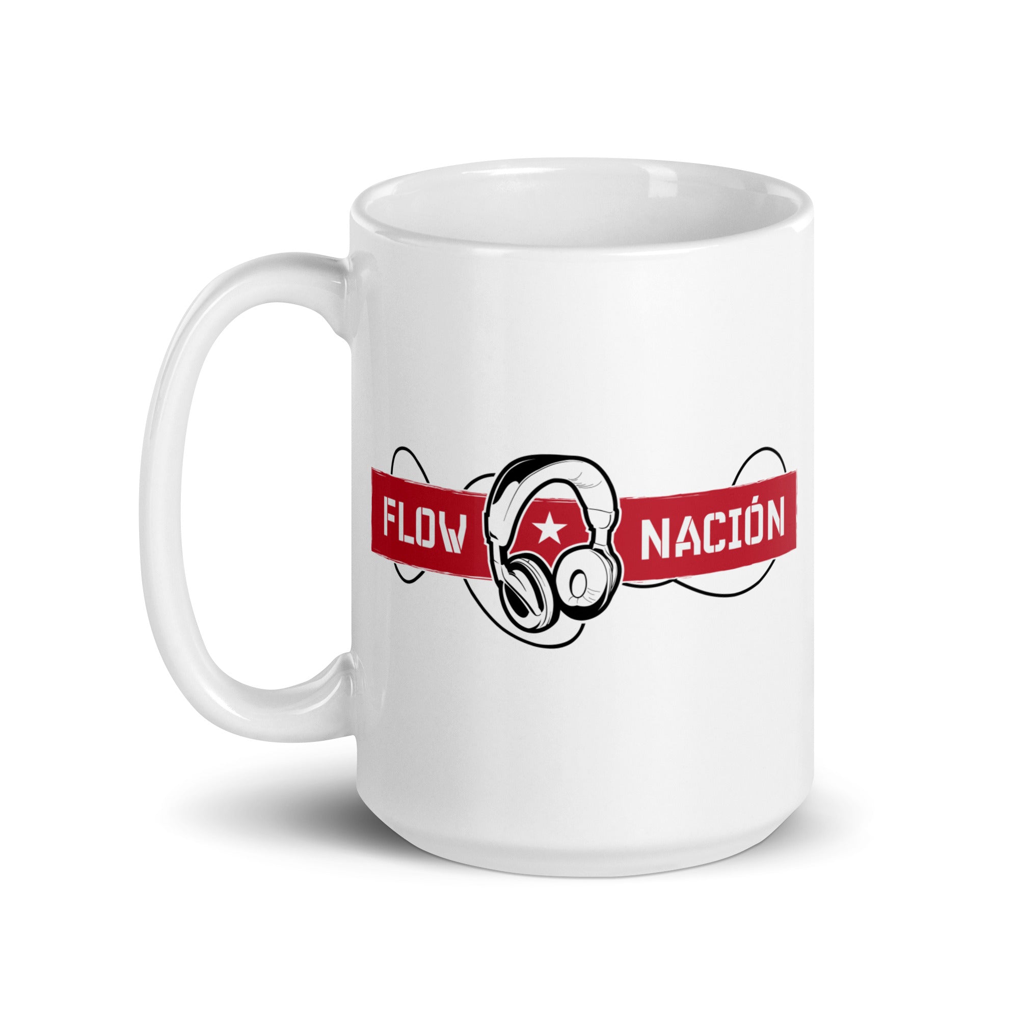 White mug featuring 'FLOW NACIÓN' text in red and black and headphones design on a red.