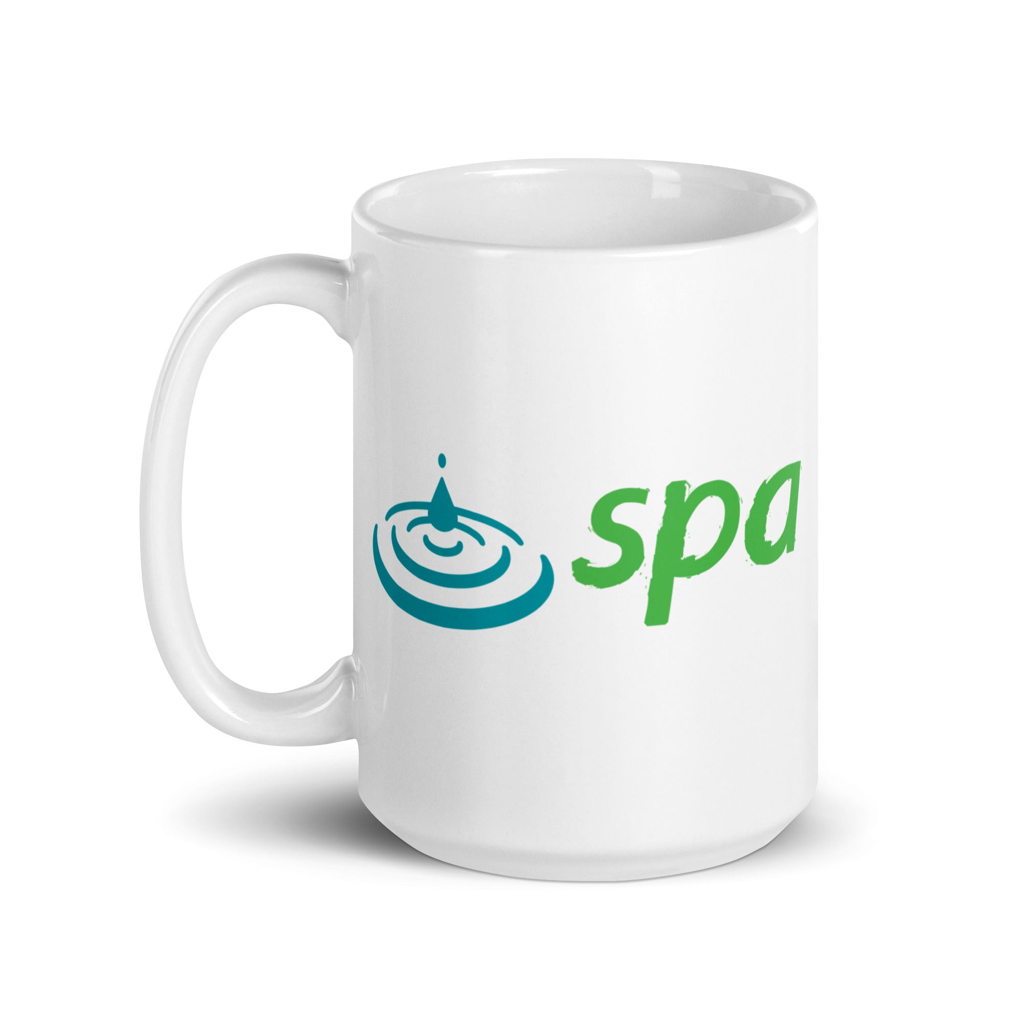 White mug with a water drop design and the word 'spa' in green.