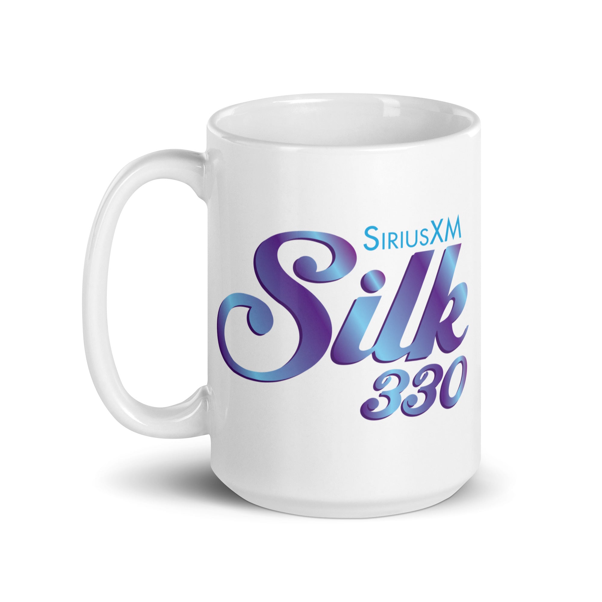 White mug featuring the 'SiriusXM Silk 330' logo in blue and purple lettering.