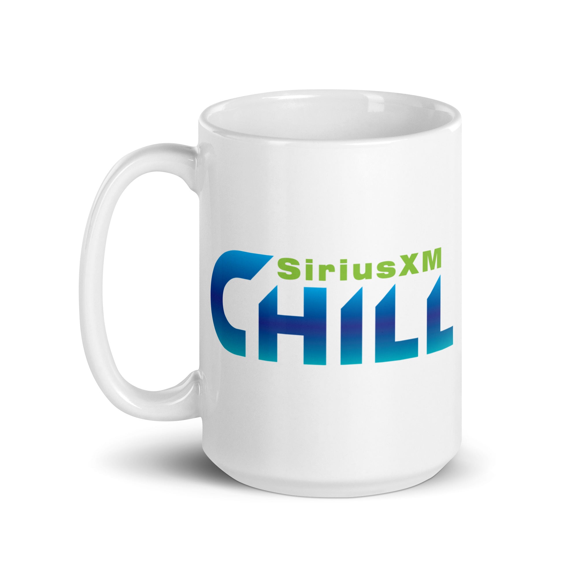 White mug with 'SiriusXM CHILL' in green and blue gradient letters.