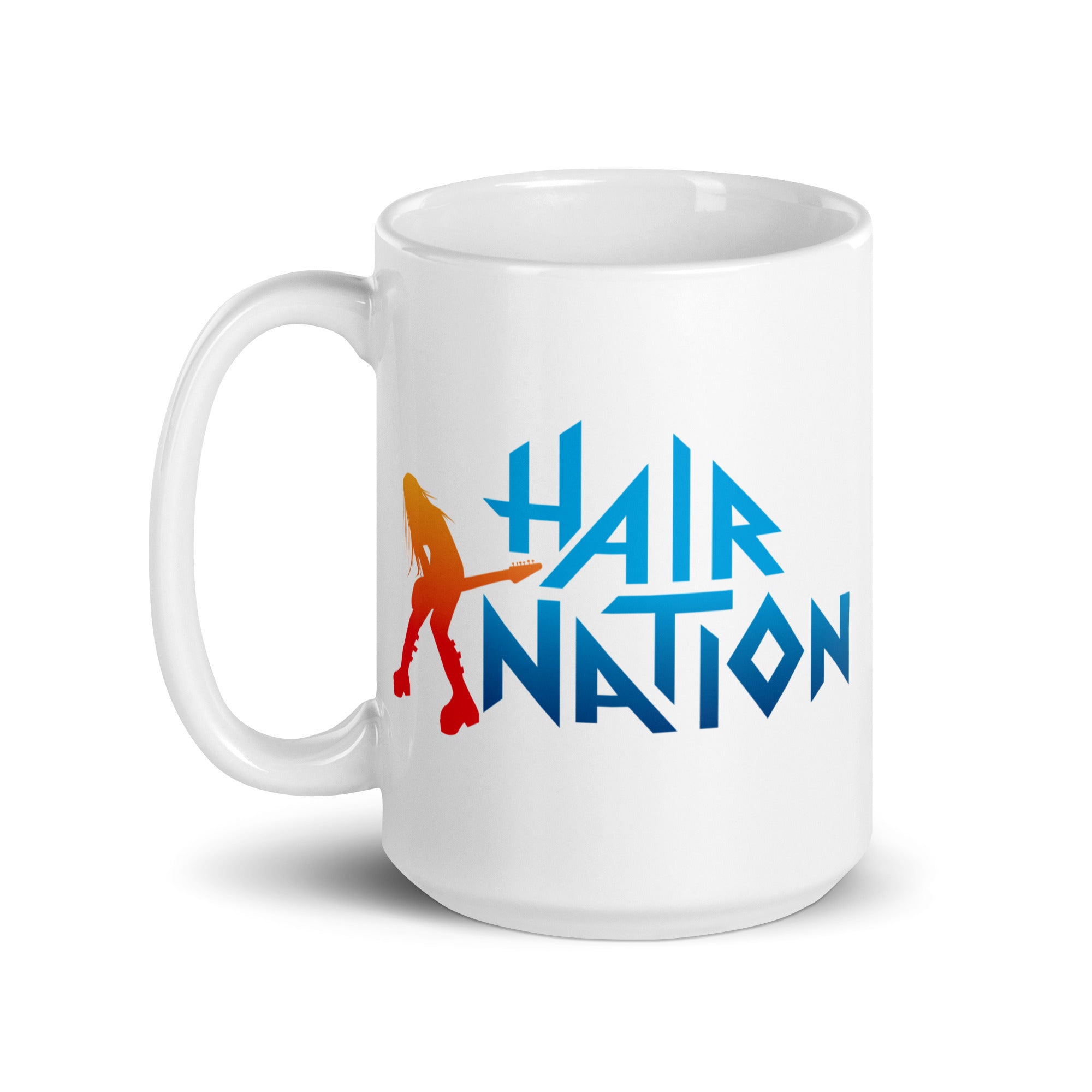 White mug with the text 'HAIR NATION' and a silhouette of a guitarist in vibrant orange and blue.