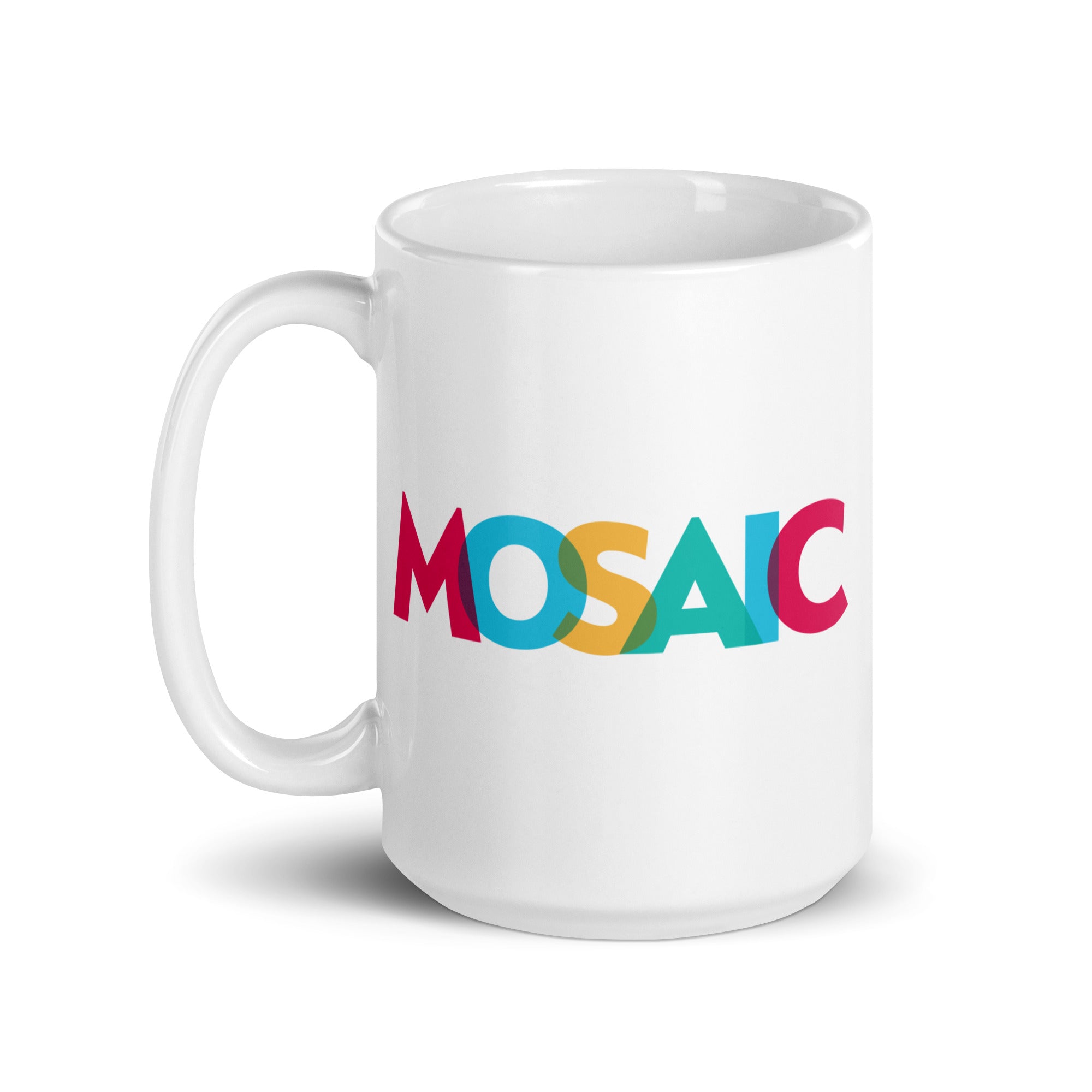 White mug with colorful 'MOSAIC' text in vibrant letters. Colors include cranberry, blue, yellow, and tourquise.