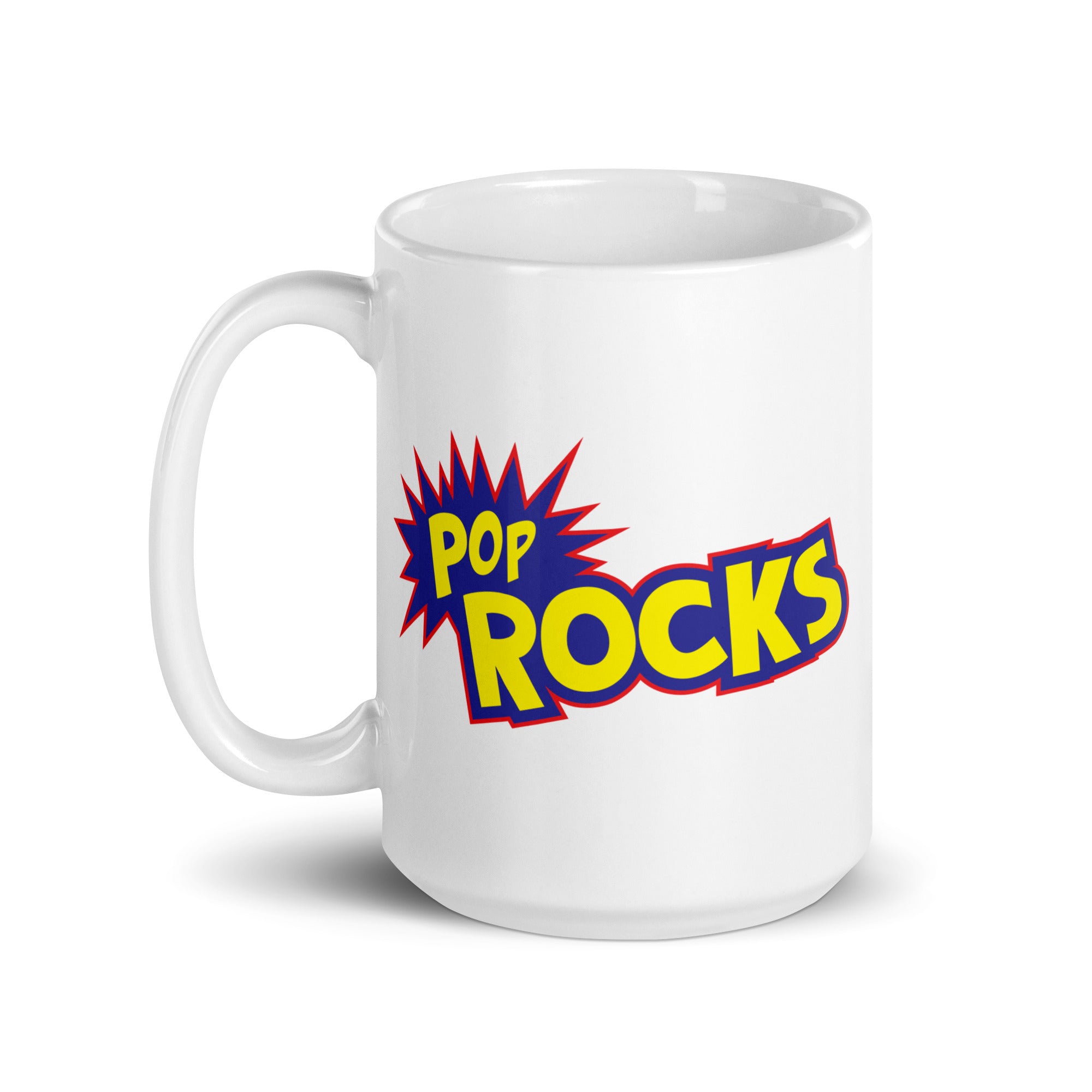 White mug with 'POP ROCKS' text in blue, yellow and red.