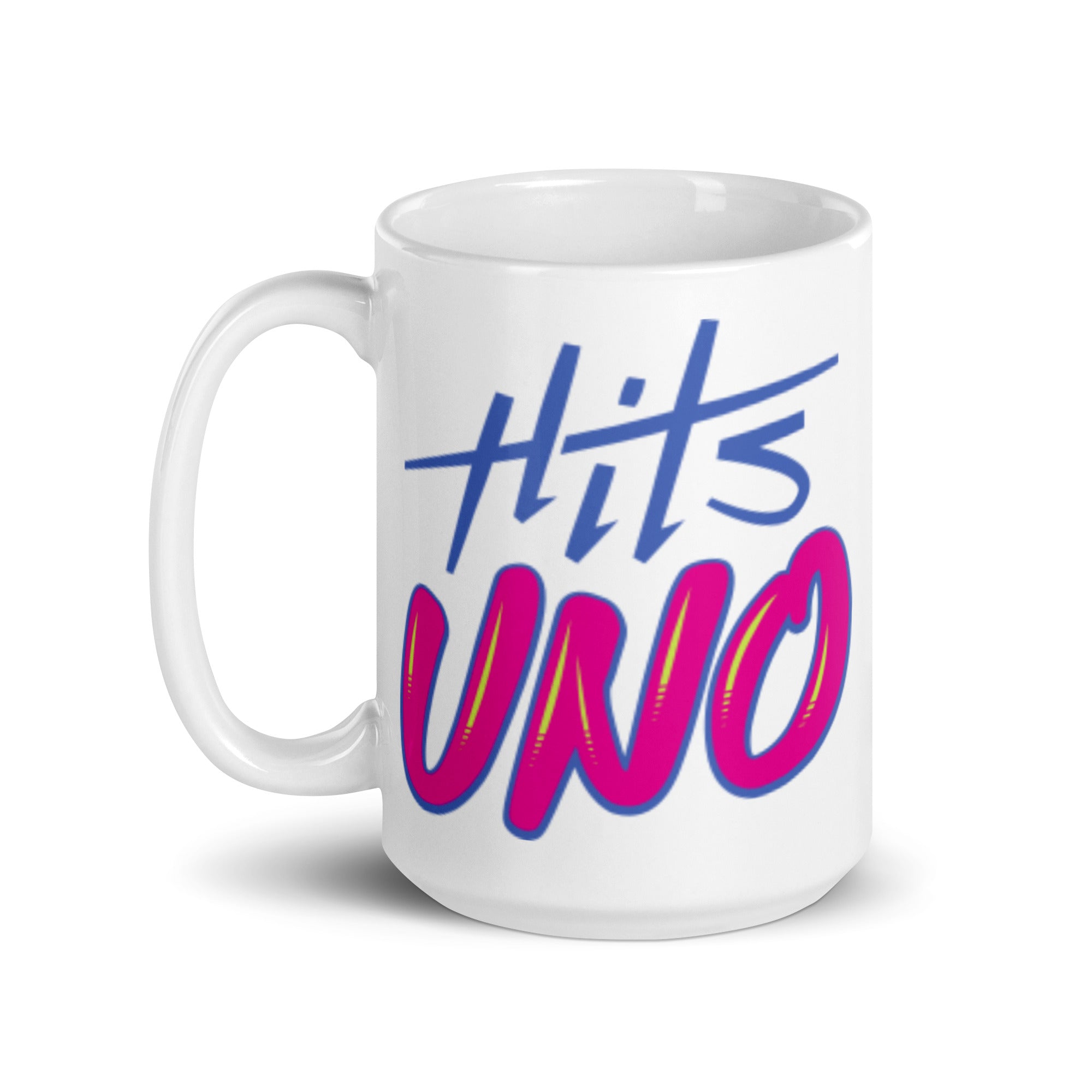 White mug with colorful text reading 'Hits UNO' in blue and pink.