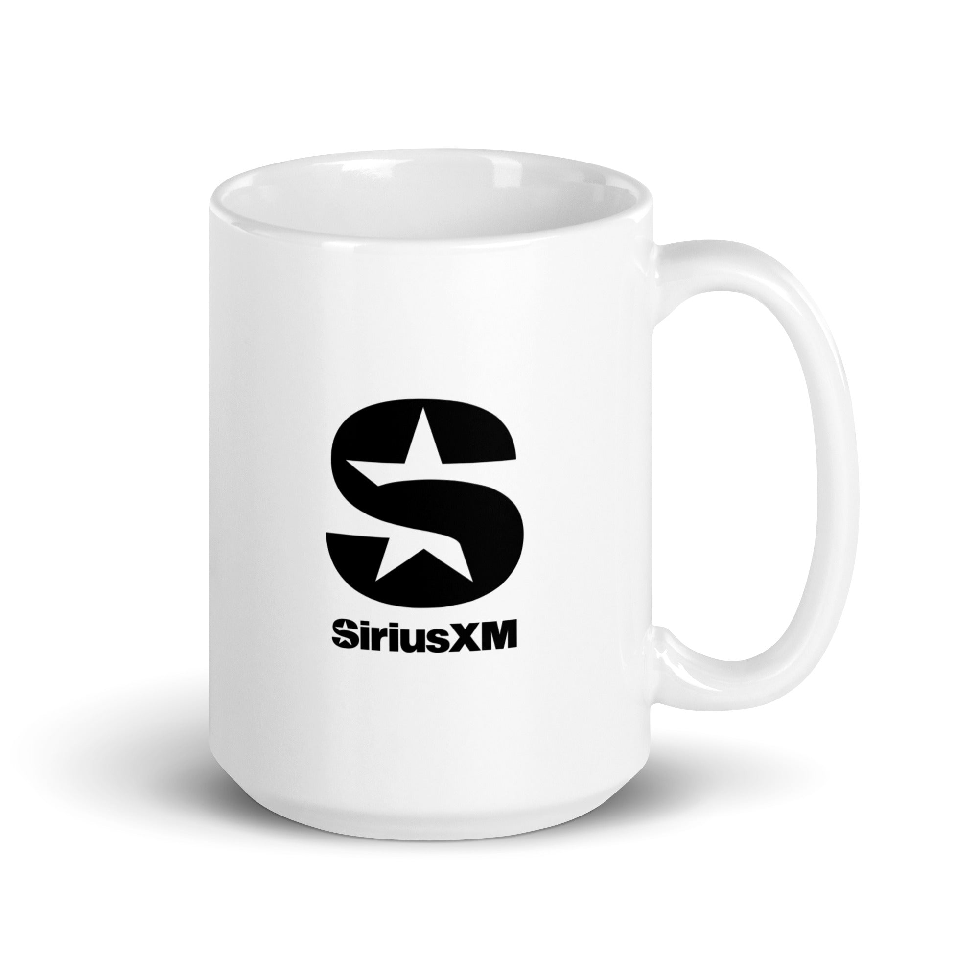 Backside of white mug featuring the 'SiriusXM' logo in black.