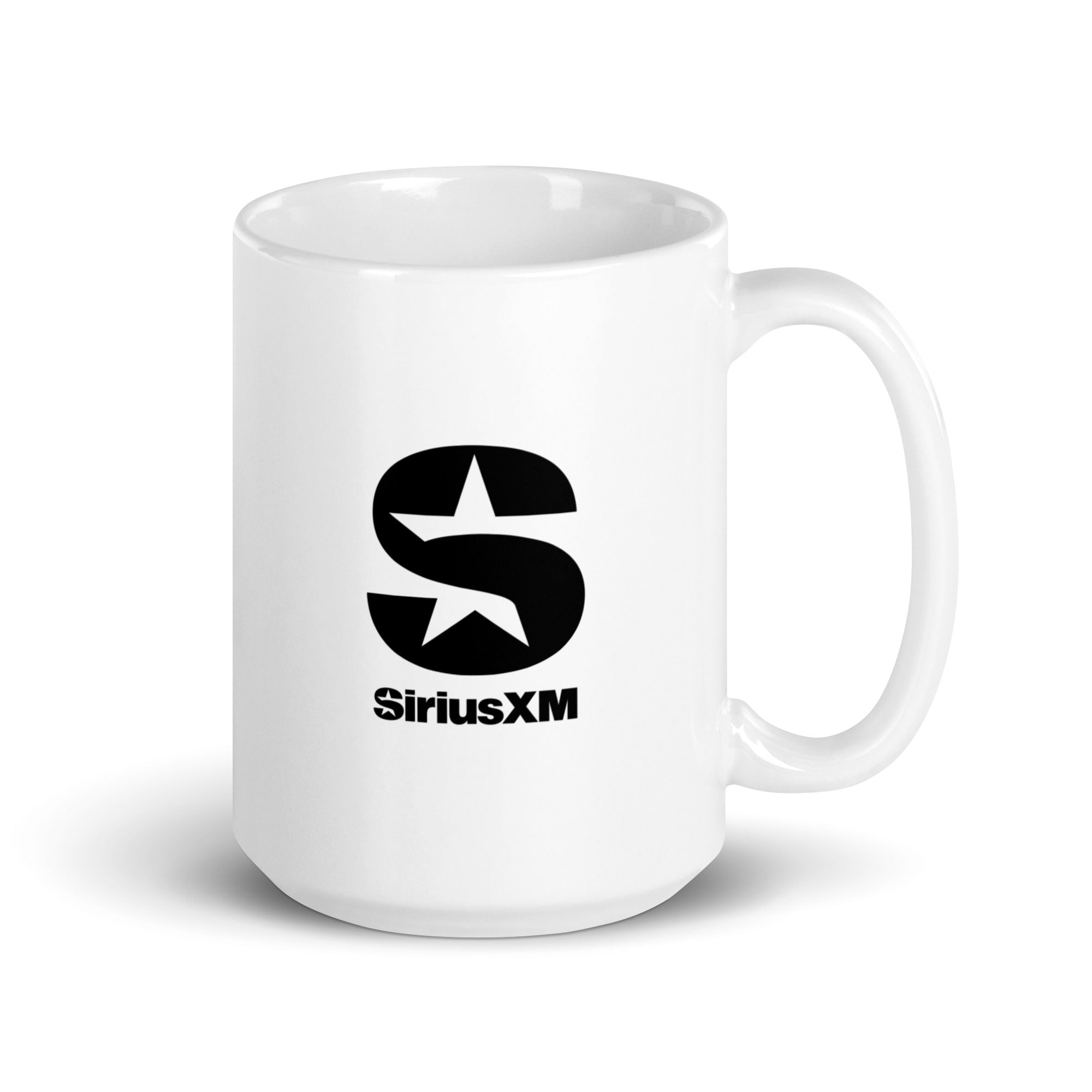 Backside of white mug featuring the 'SiriusXM' logo in black.