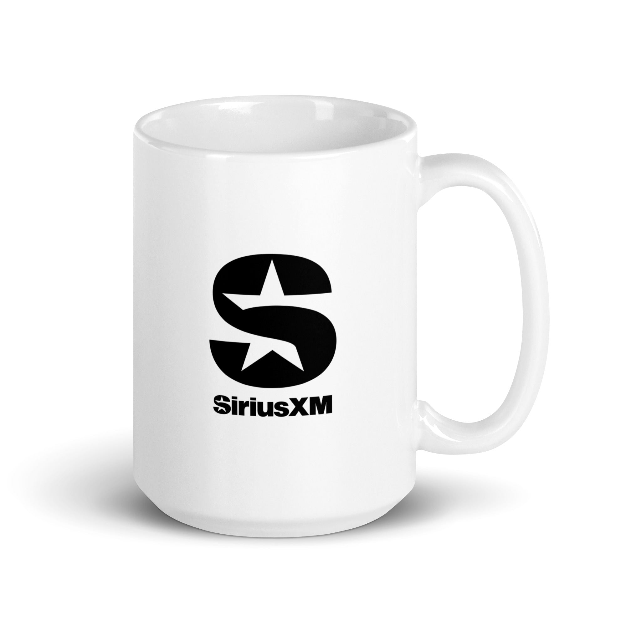 White coffee mug featuring the 'SiriusXM' logo in black, with an 'S' and a star design.