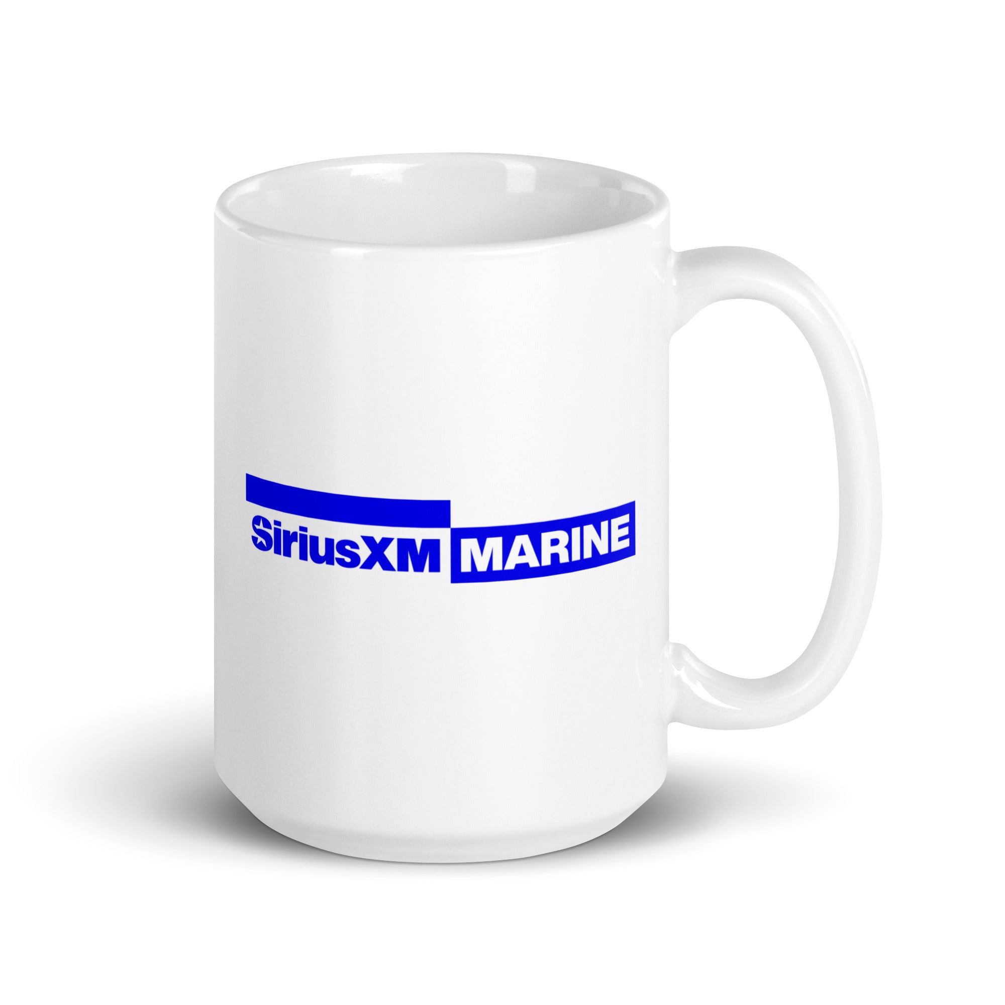 White mug with blue 'SiriusXM MARINE' logo printed on the side.