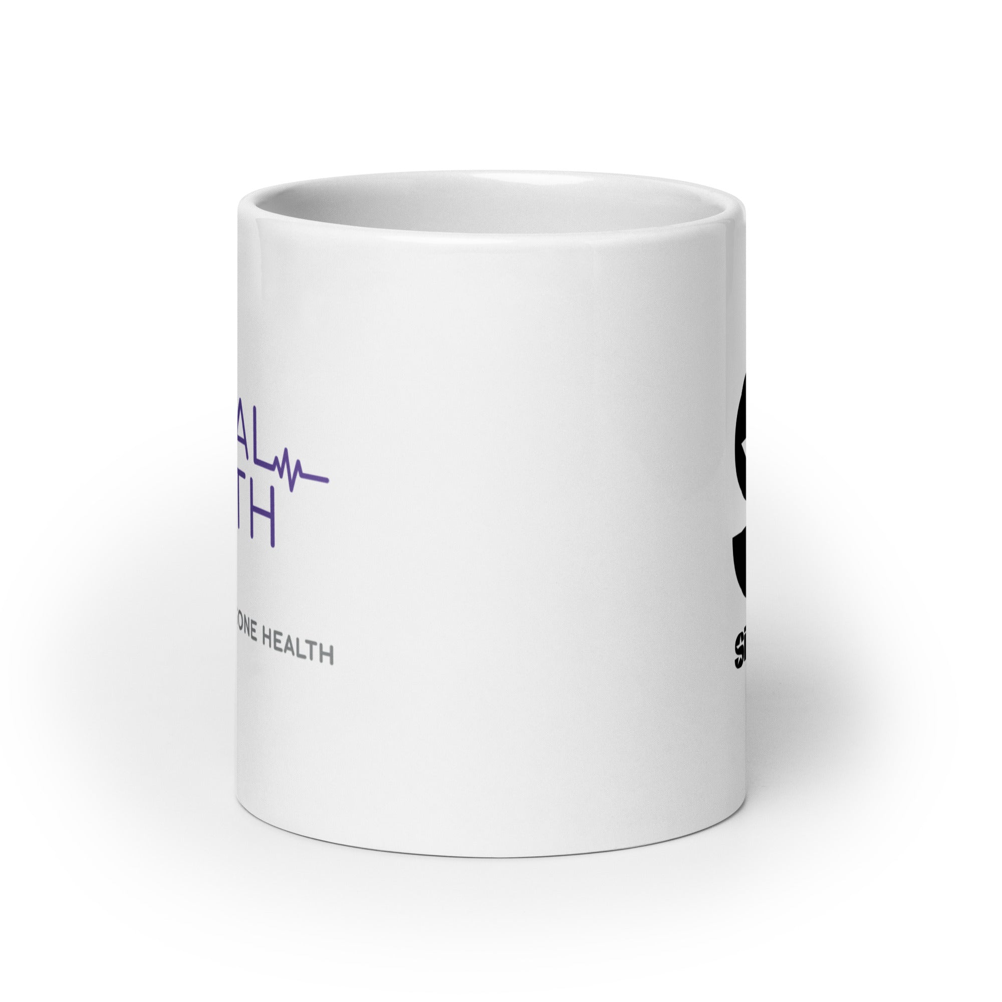 White ceramic mug. View opposite of handle.