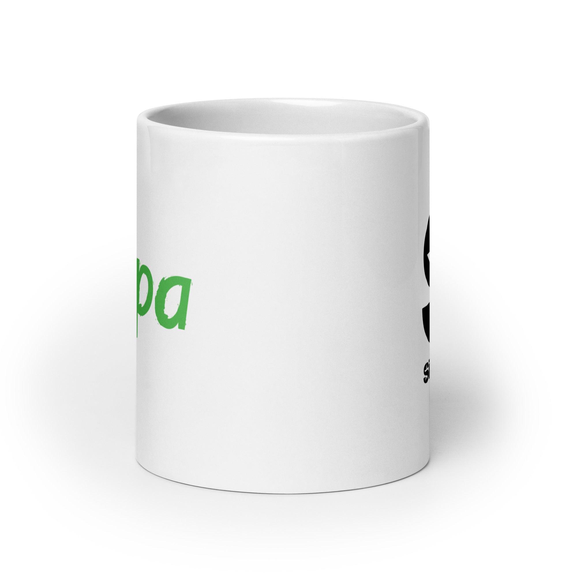 White mug. View opposite of handle.