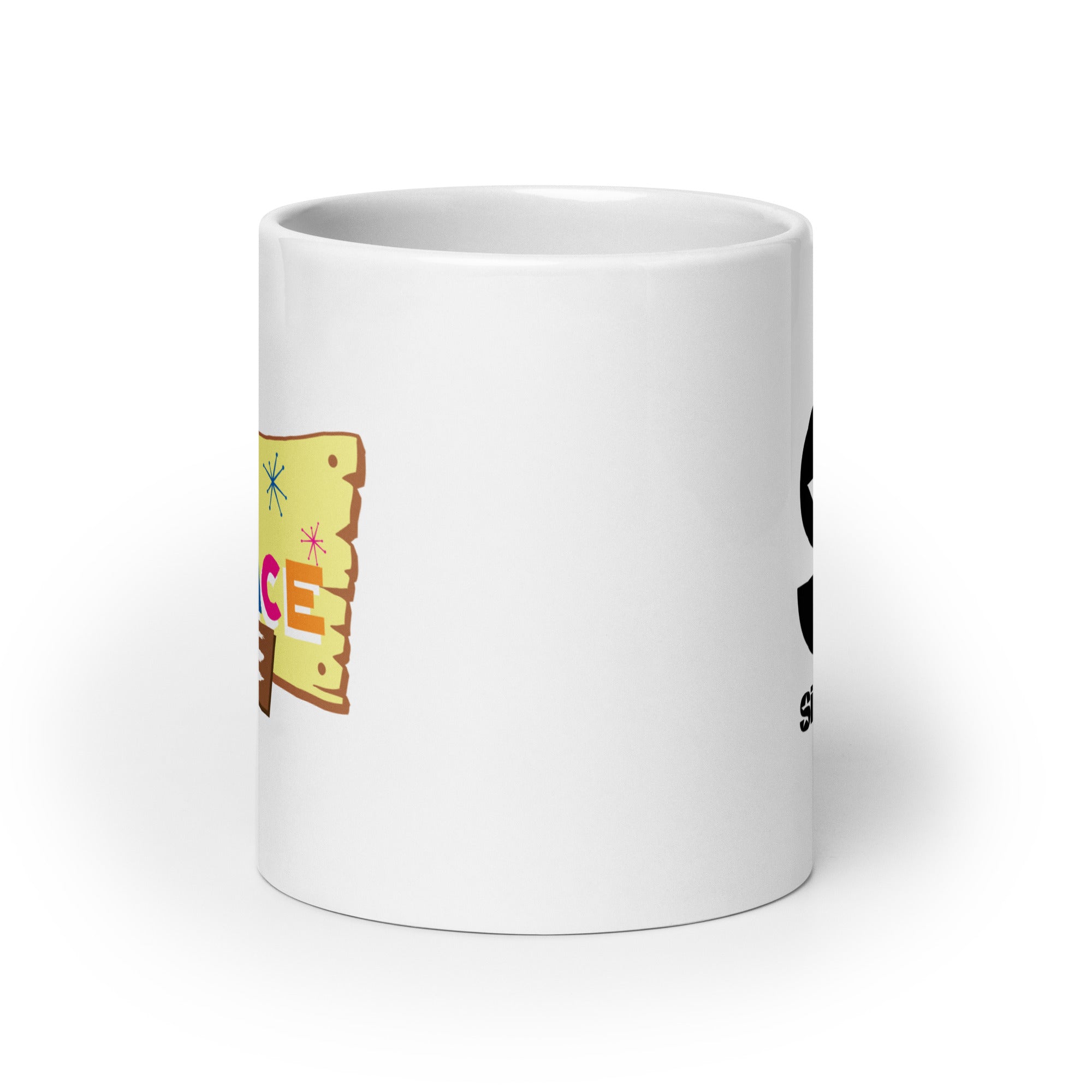 White mug. View opposite of handle.