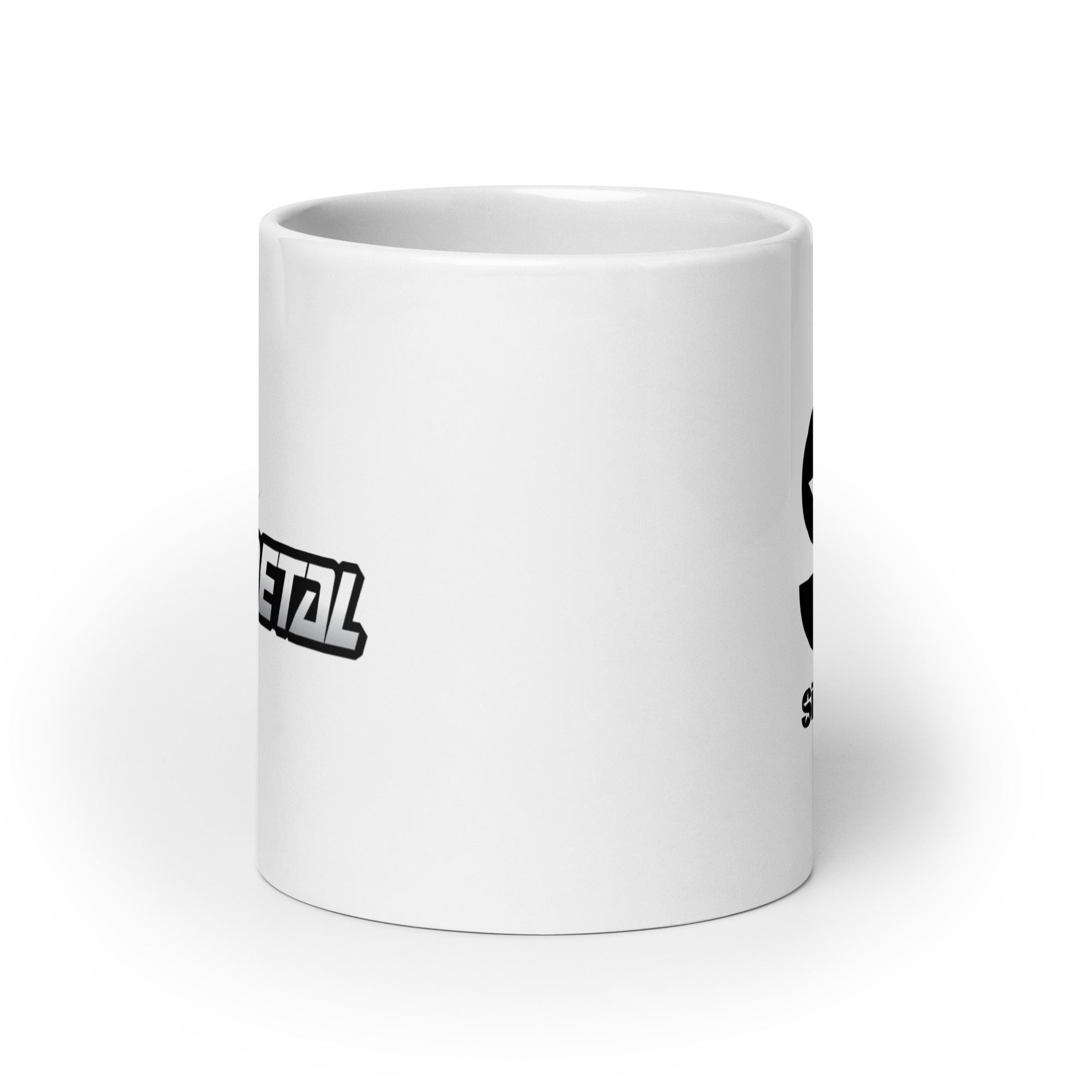 White mug. View opposite of handle.