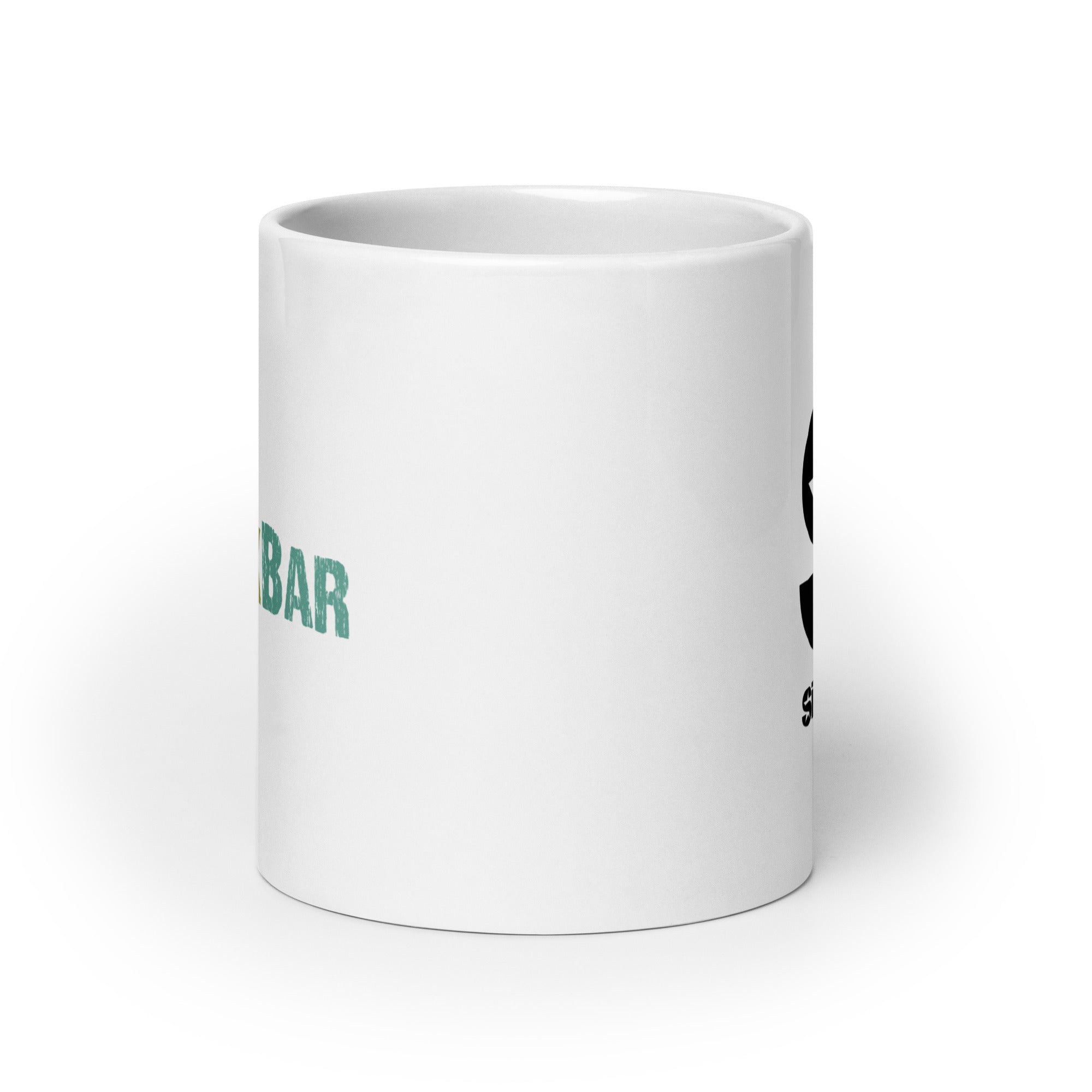 White ceramic mug, side view.