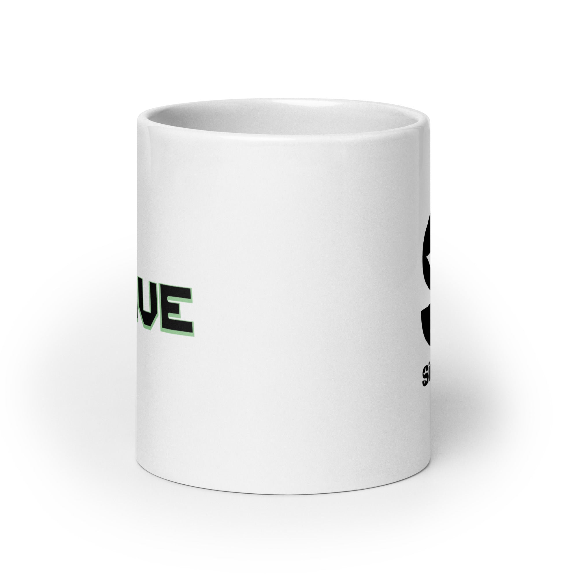 Side view of white ceramic mug, with partially visible front and back logos.