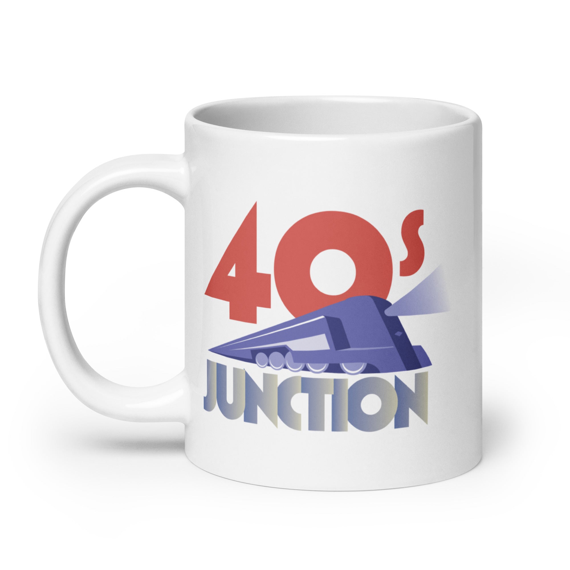 White mug with retro design featuring '40s Junction' and a stylized blue train graphic.