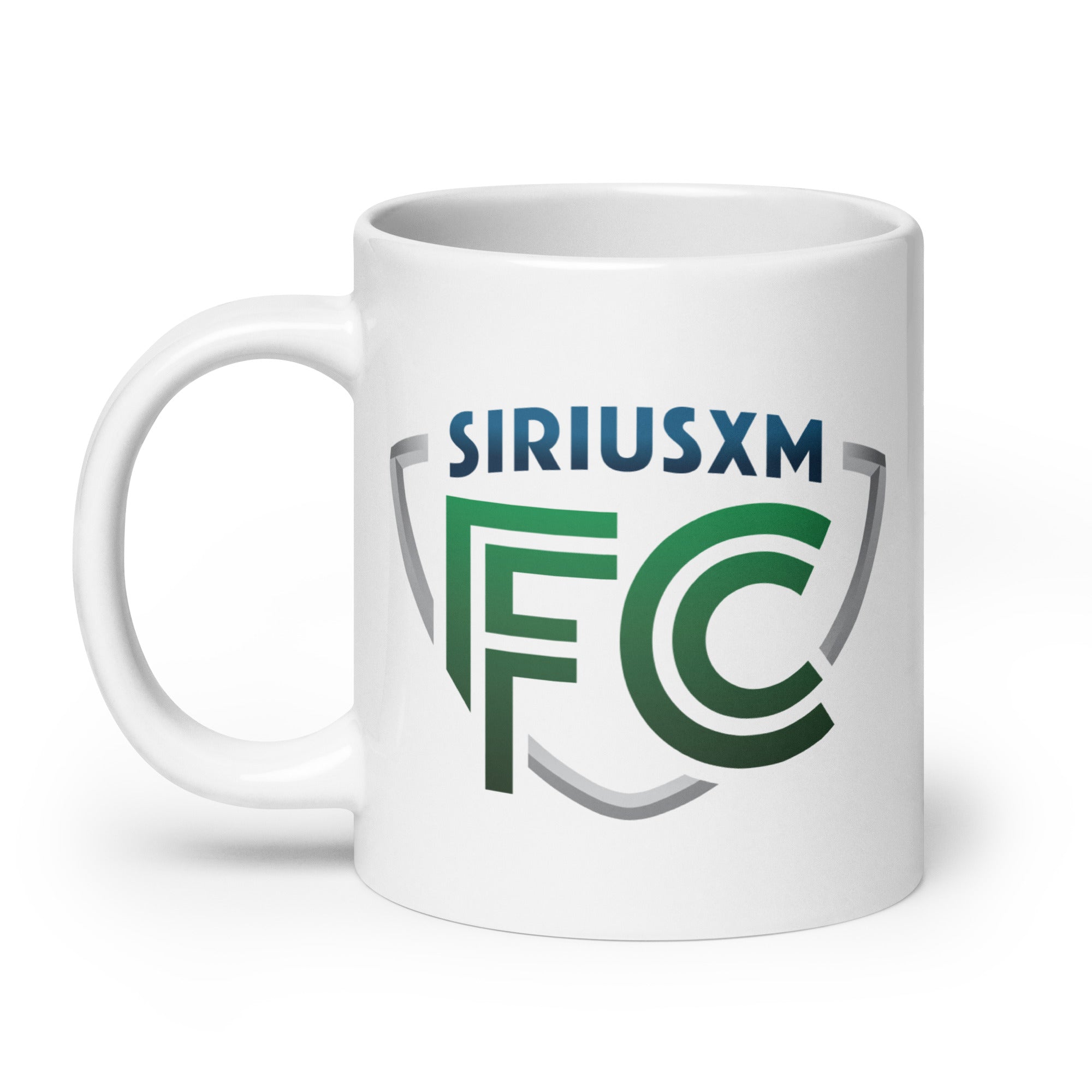 Coffee mug featuring the 'SiriusXM FC' logo in blue, green and grey.