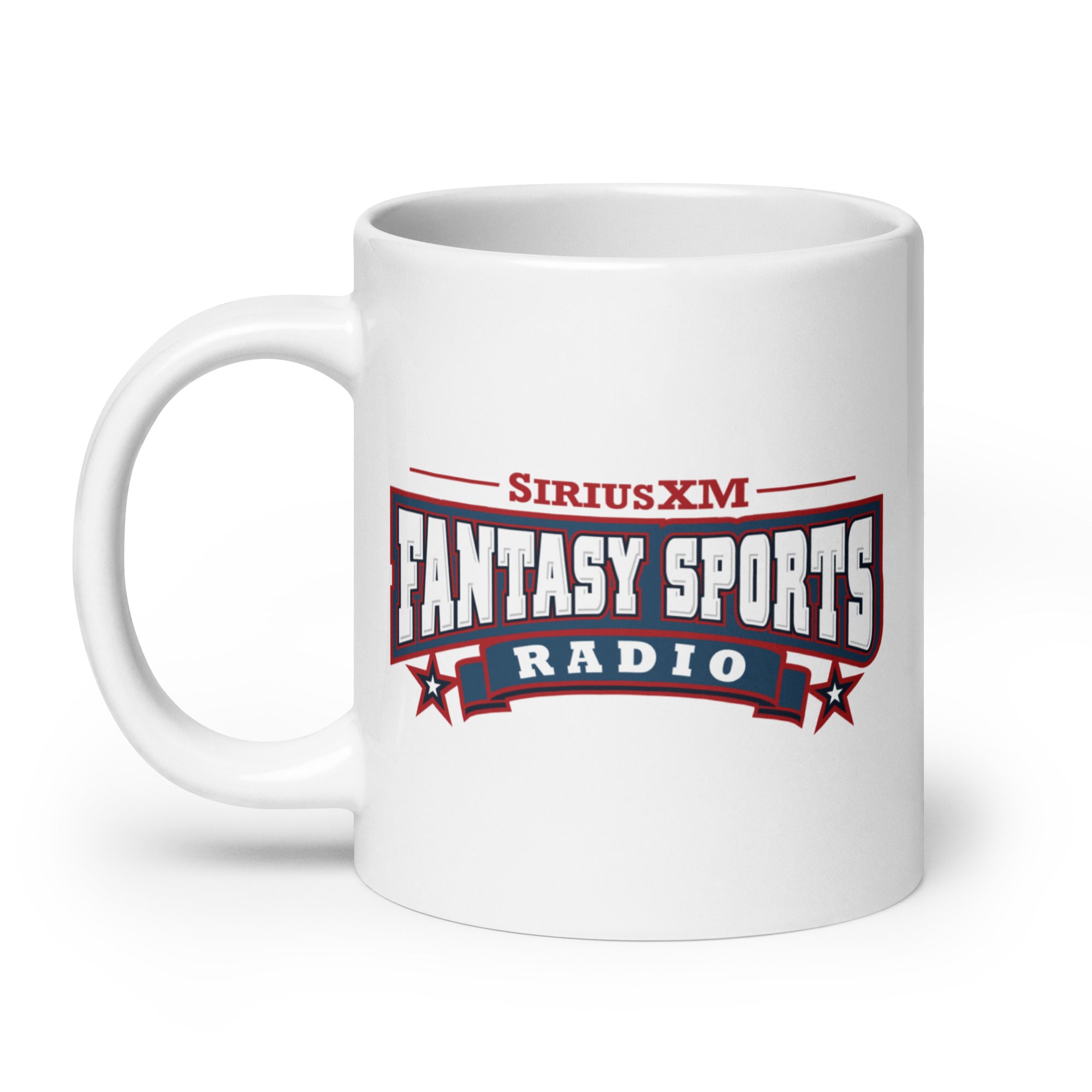 White mug featuring the 'SiriusXM Fantasy Sports Radio' logo in red, white and blue.