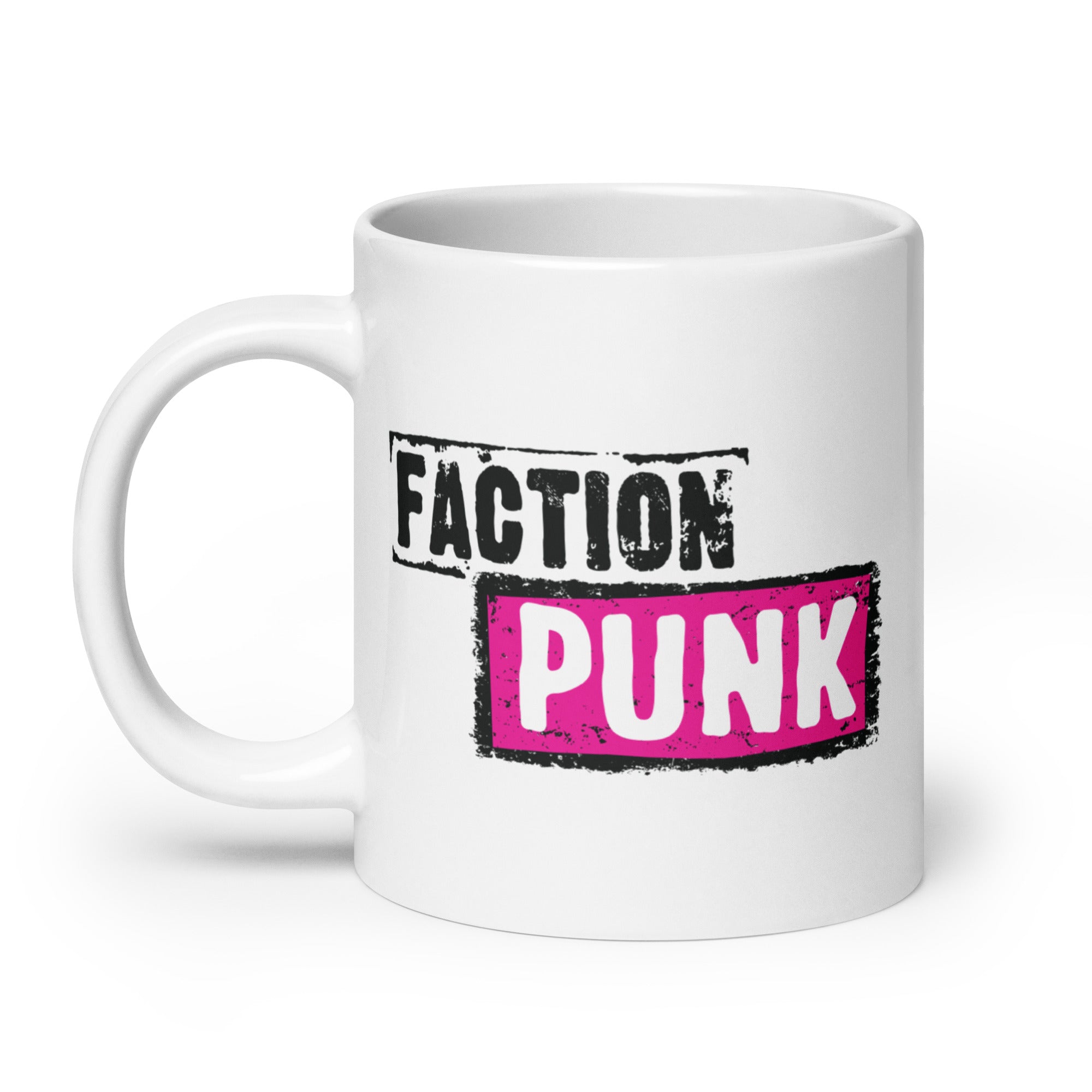 White mug with bold text 'FACTION PUNK' in black and pink.