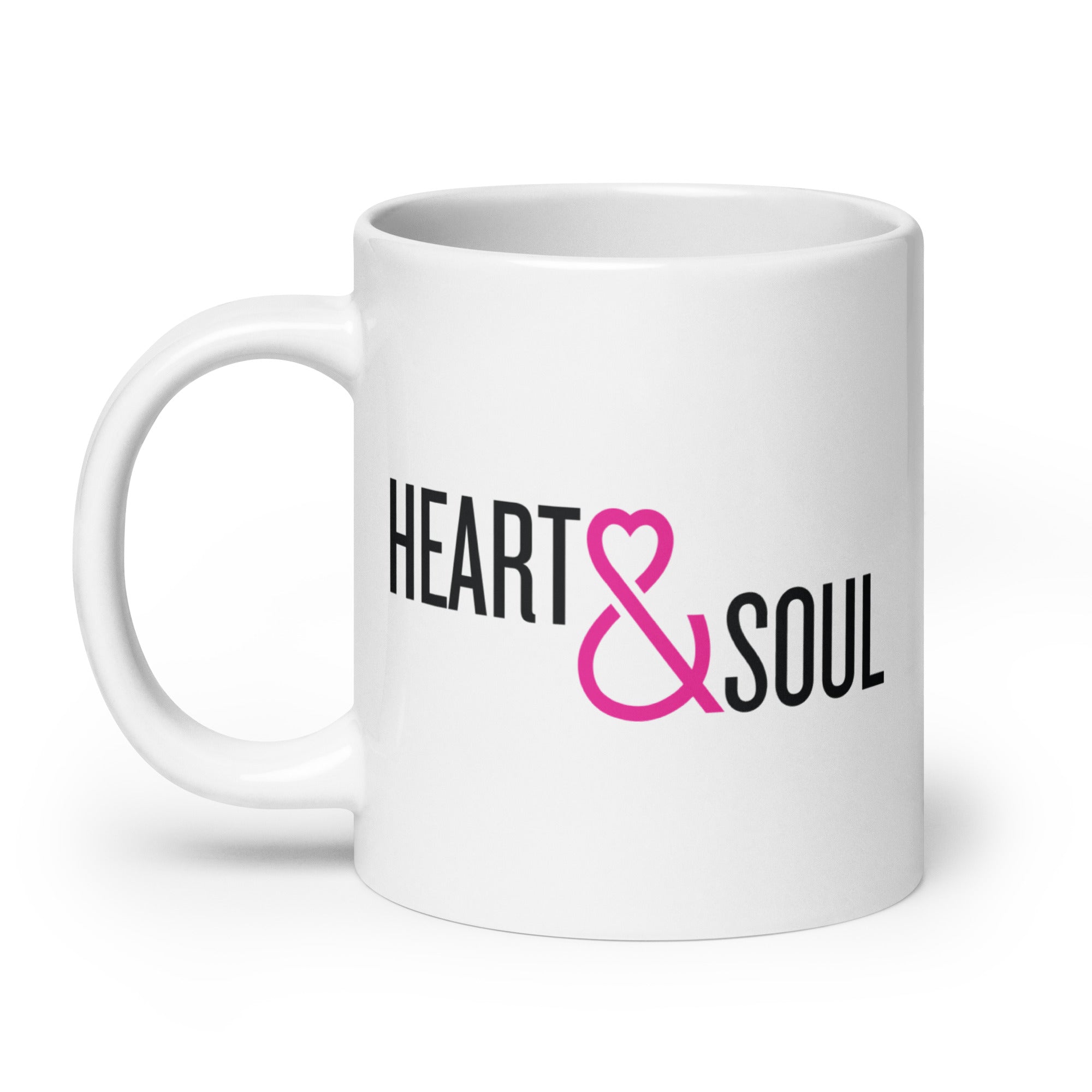 White coffee mug with the words 'HEART & SOUL' in black and pink font.