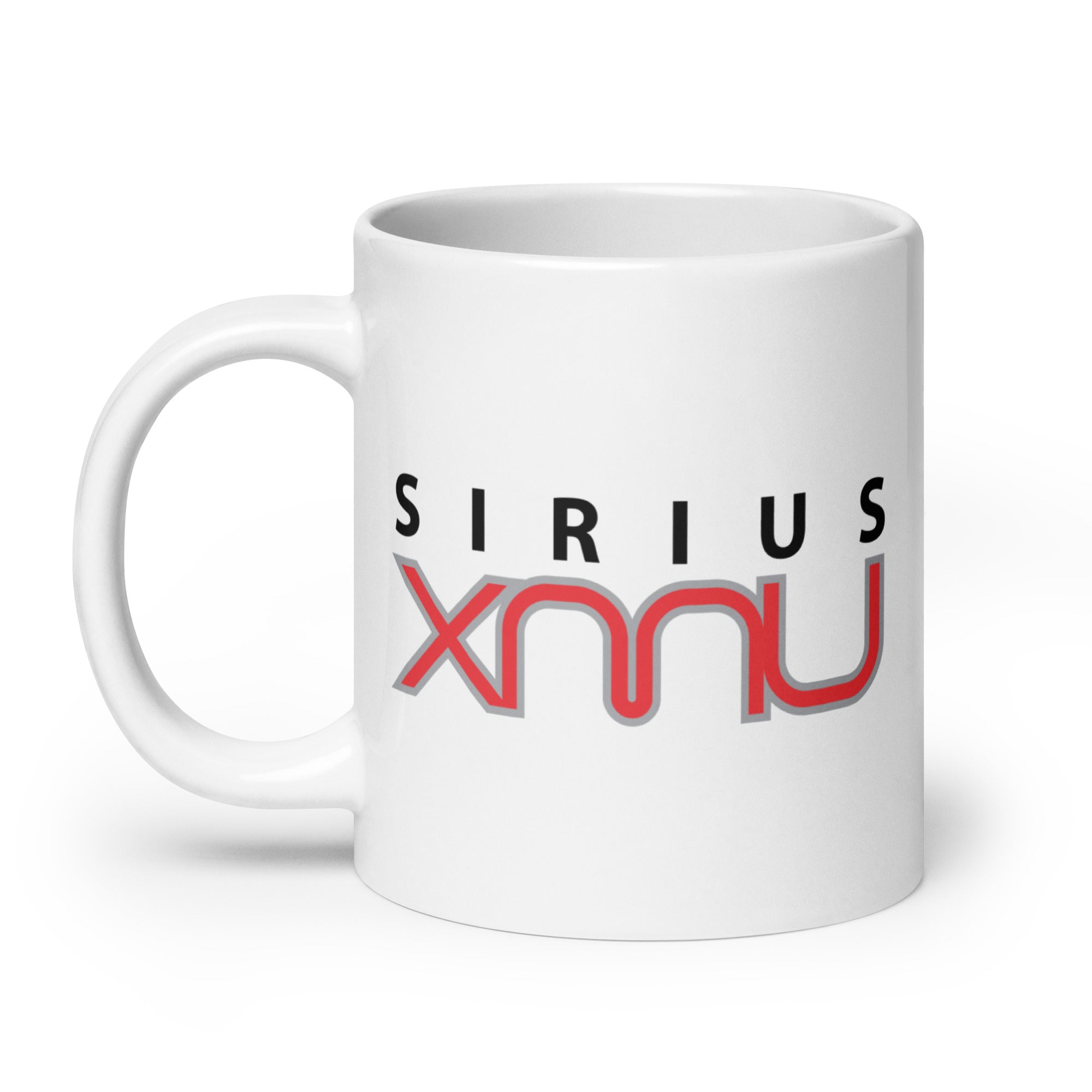 White mug featuring the 'Sirius XMU' logo in black and red colors.