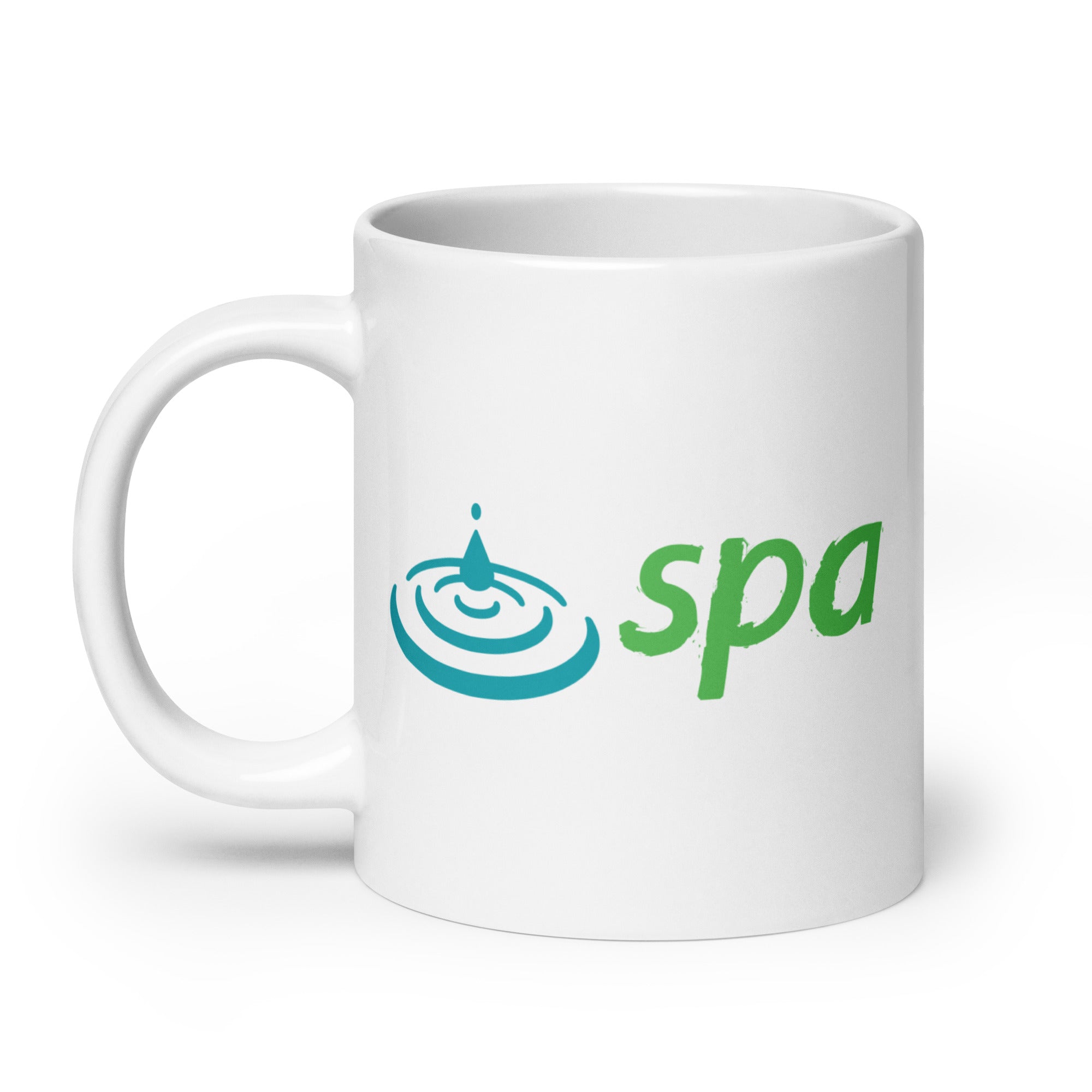 A white mug featuring a water droplet graphic and the word 'spa' in green.