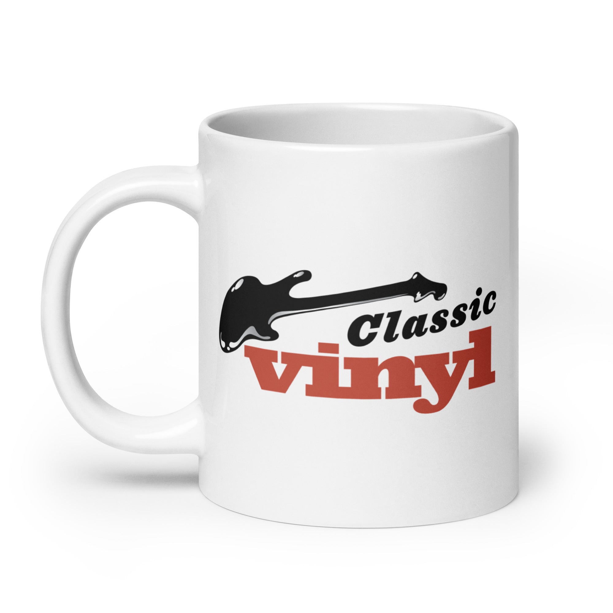 Mug with 'Classic Vinyl' text  in black and read and a guitar silhouette design in black.