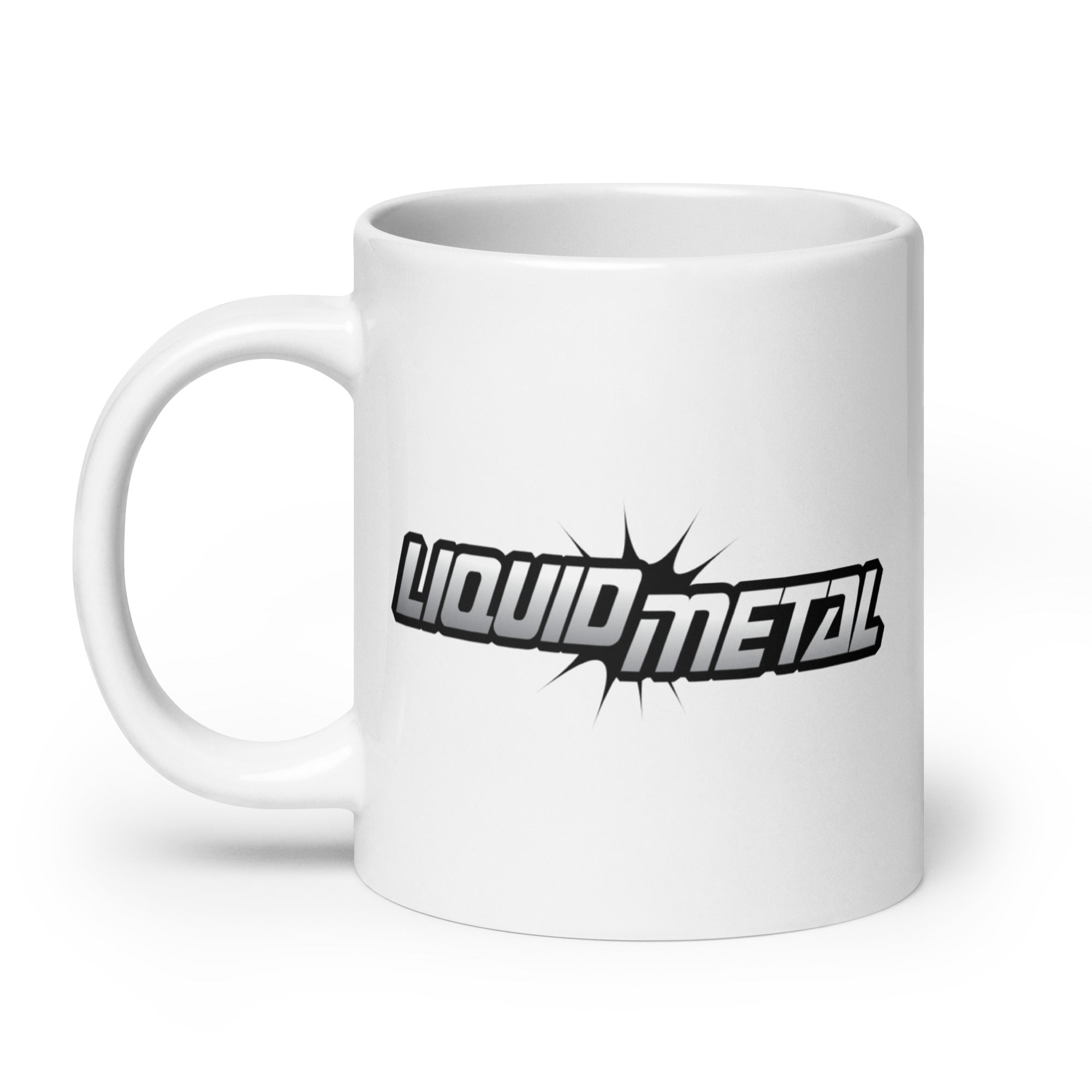 White mug with 'LIQUID METAL' logo in bold black font and starburst graphic.