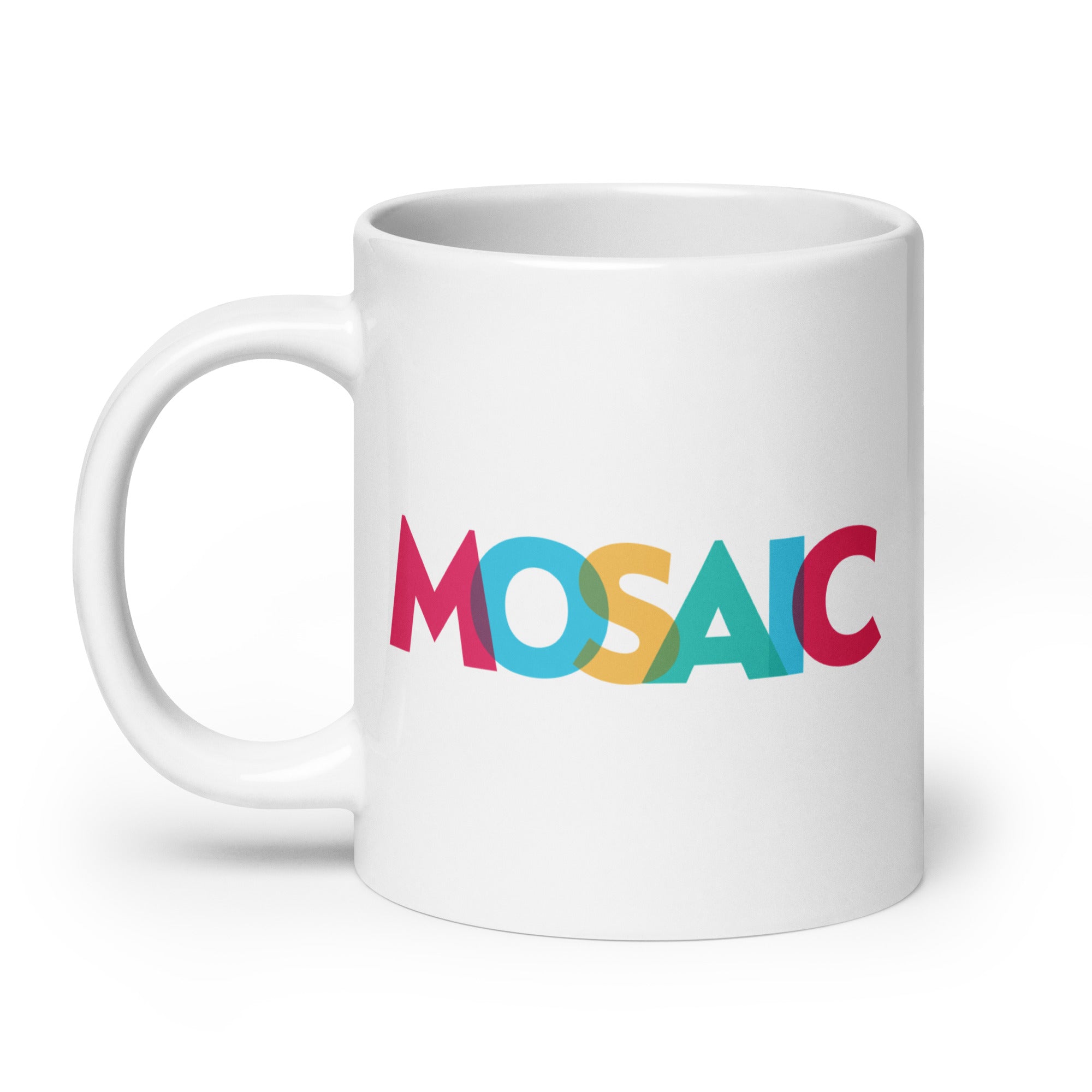 White mug with colorful text spelling 'MOSAIC.'  Colors in graphic include cranberry, blue, yellow, and tourquise.