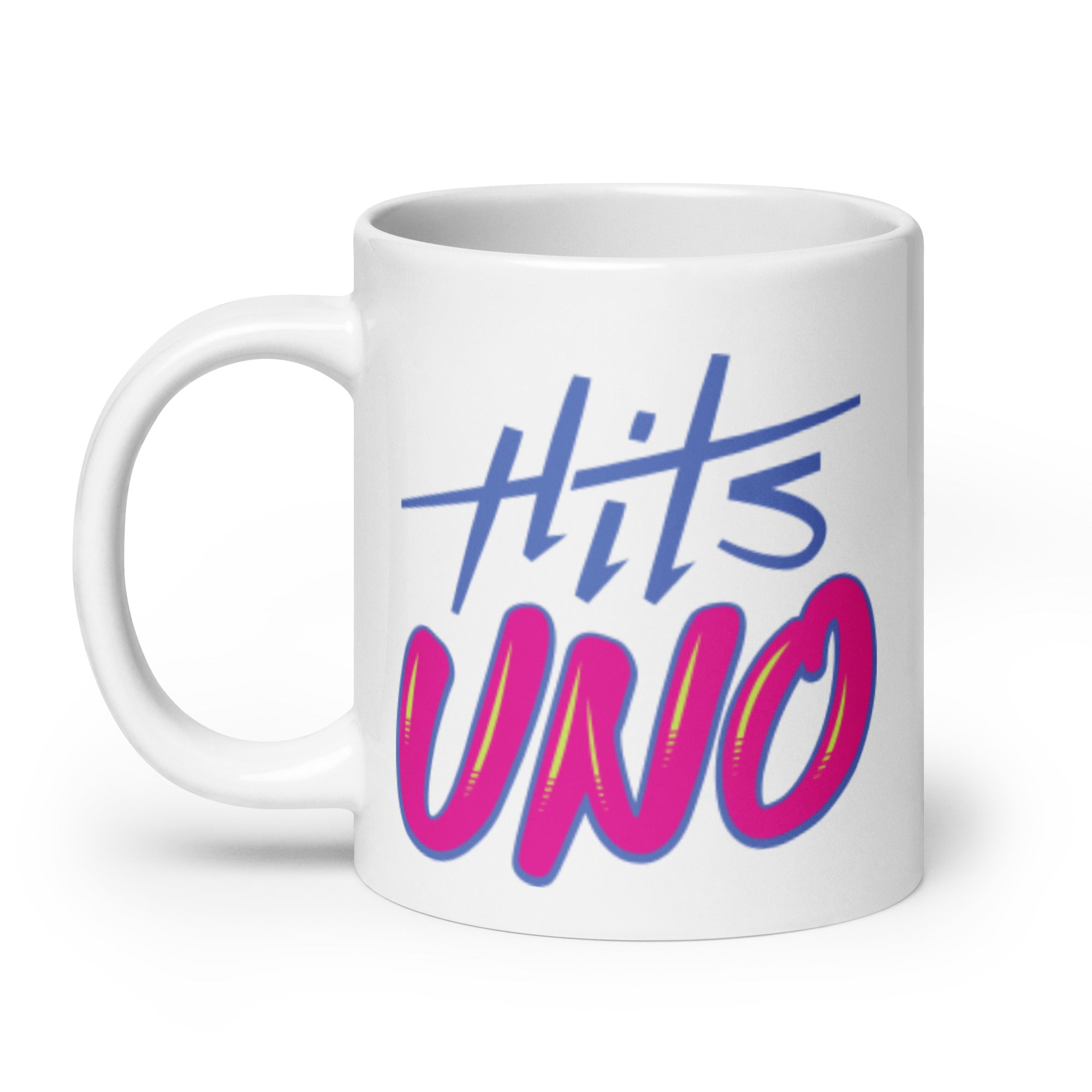 White mug with bold text 'Hits UNO' in blue and pink colors.