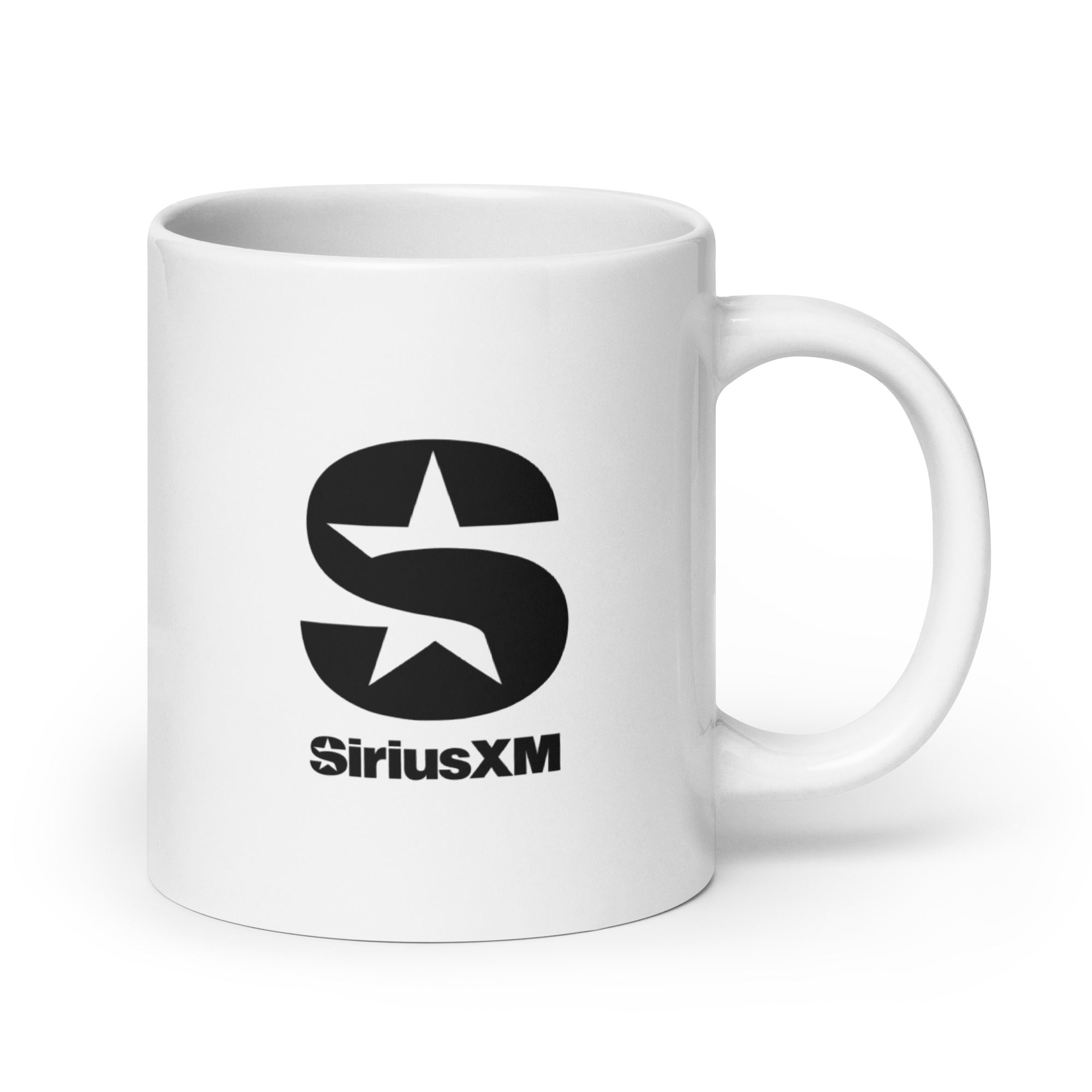 Backside of white mug featuring the 'SiriusXM' logo in black.