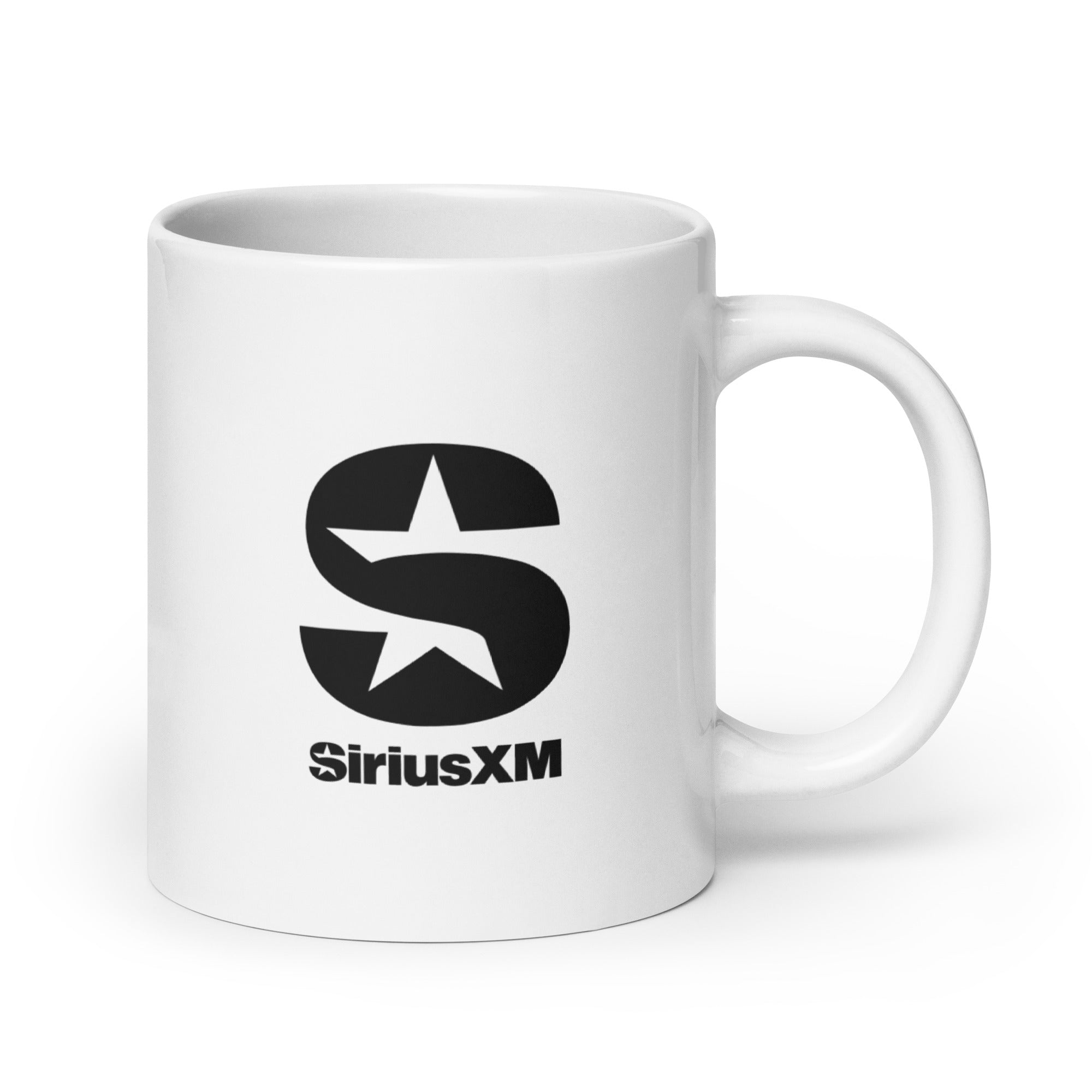 Backside of white mug featuring the 'SiriusXM' logo in black.