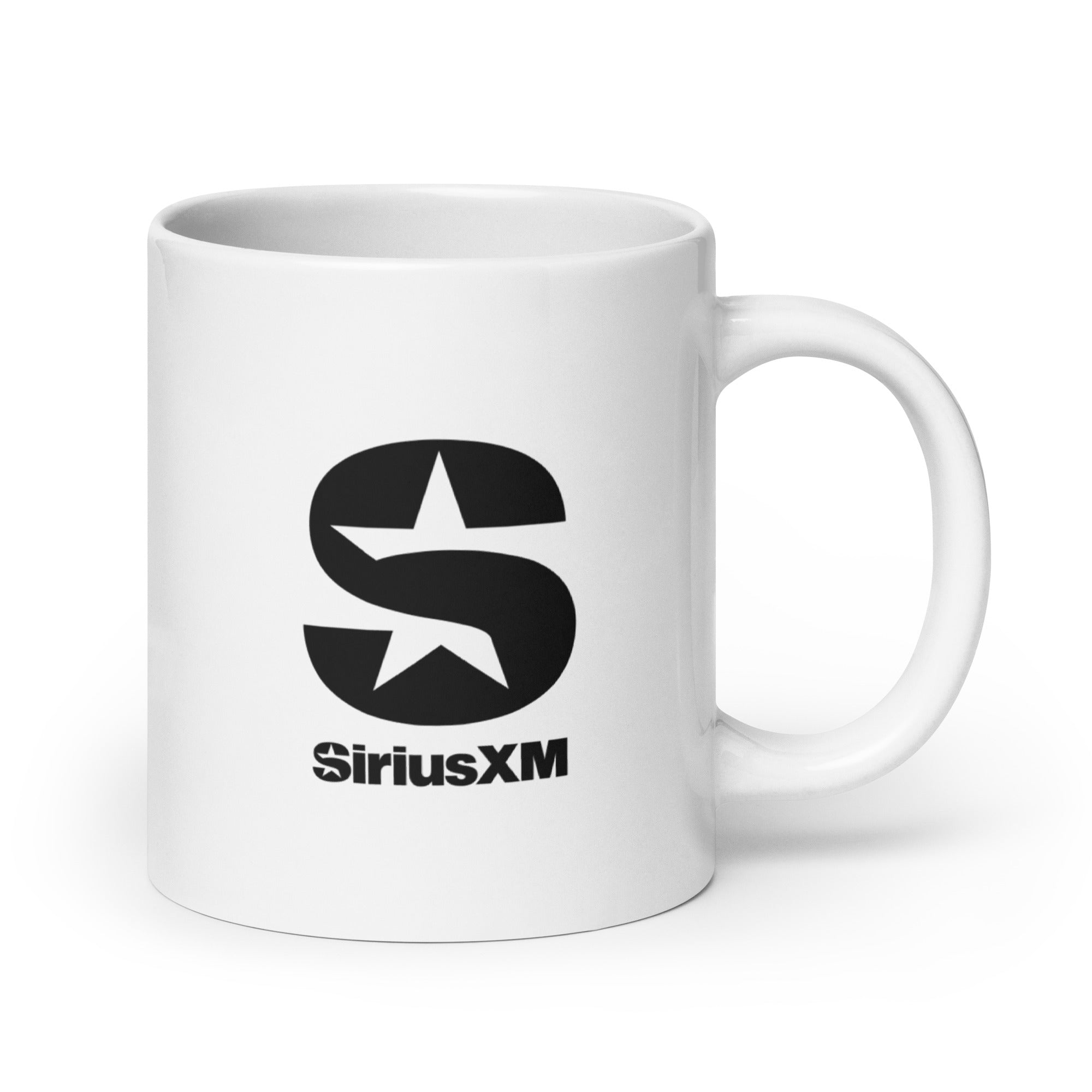 Backside of white mug featuring the 'SiriusXM' logo in black.