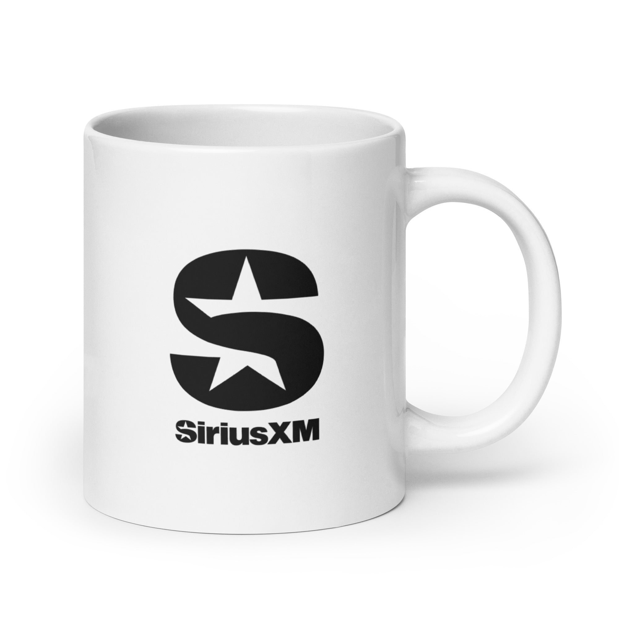 White mug featuring the 'SiriusXM' logo with a stylized 'S' and a star.