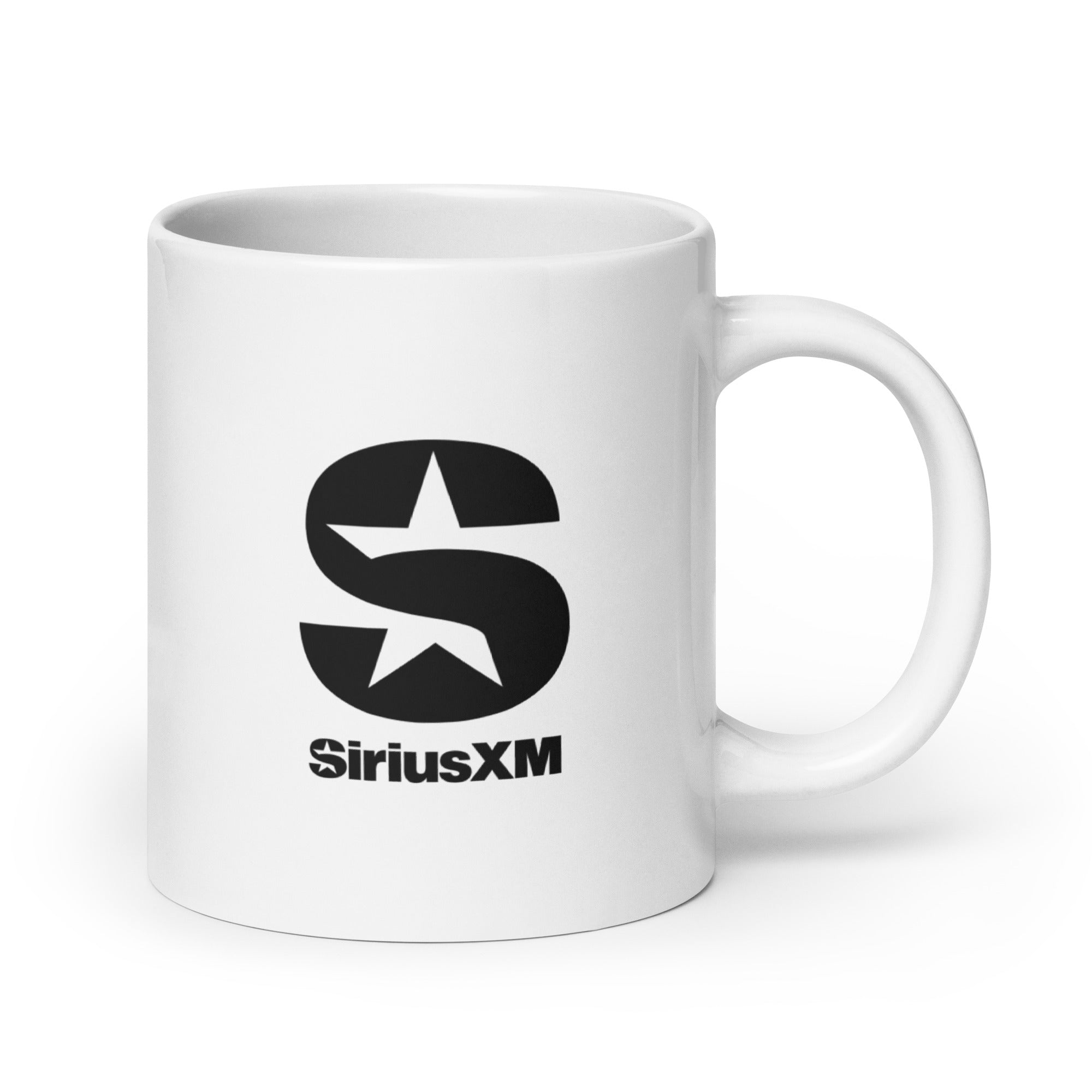 White mug featuring the 'SiriusXM' logo with a stylized 'S' and a star.