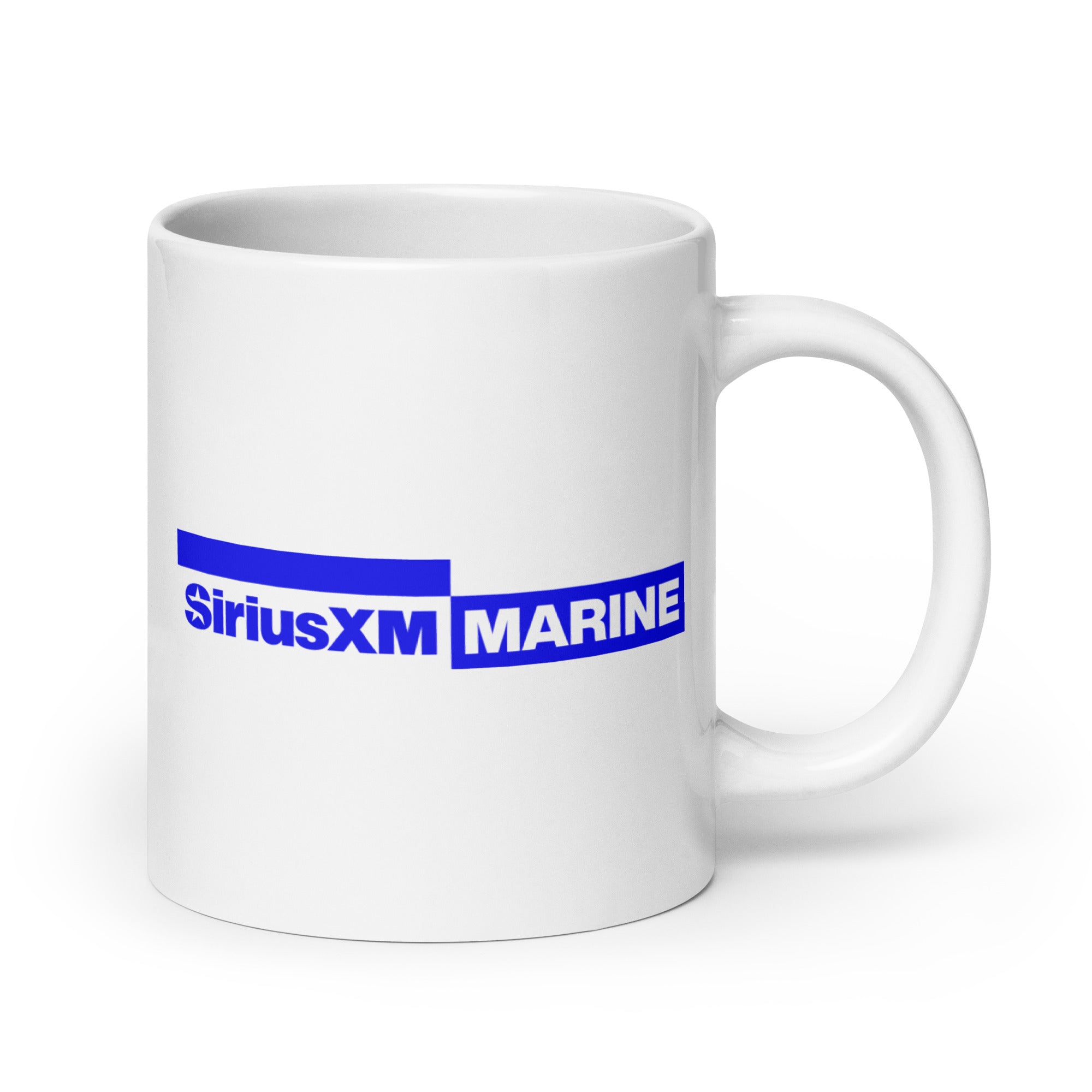 White coffee mug with blue 'SiriusXM MARINE' text.