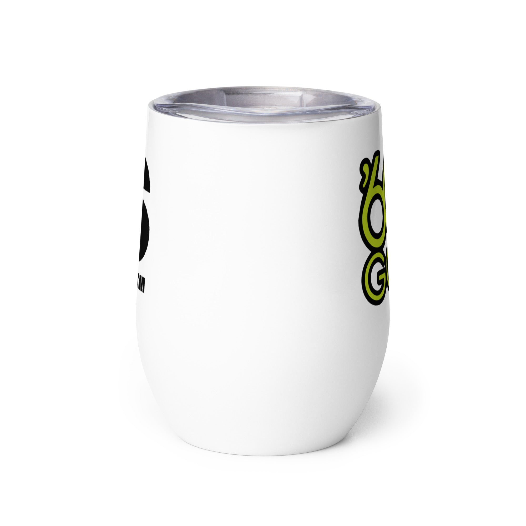 Side view of white insulated tumbler partially, displaying front and back designs.