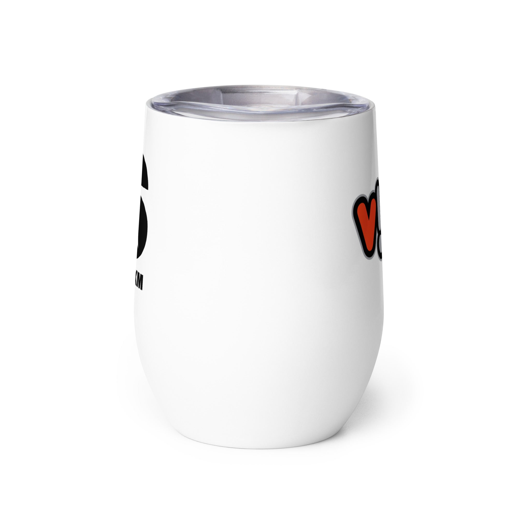 Side view of white insulated tumbler partially, displaying front and back designs.