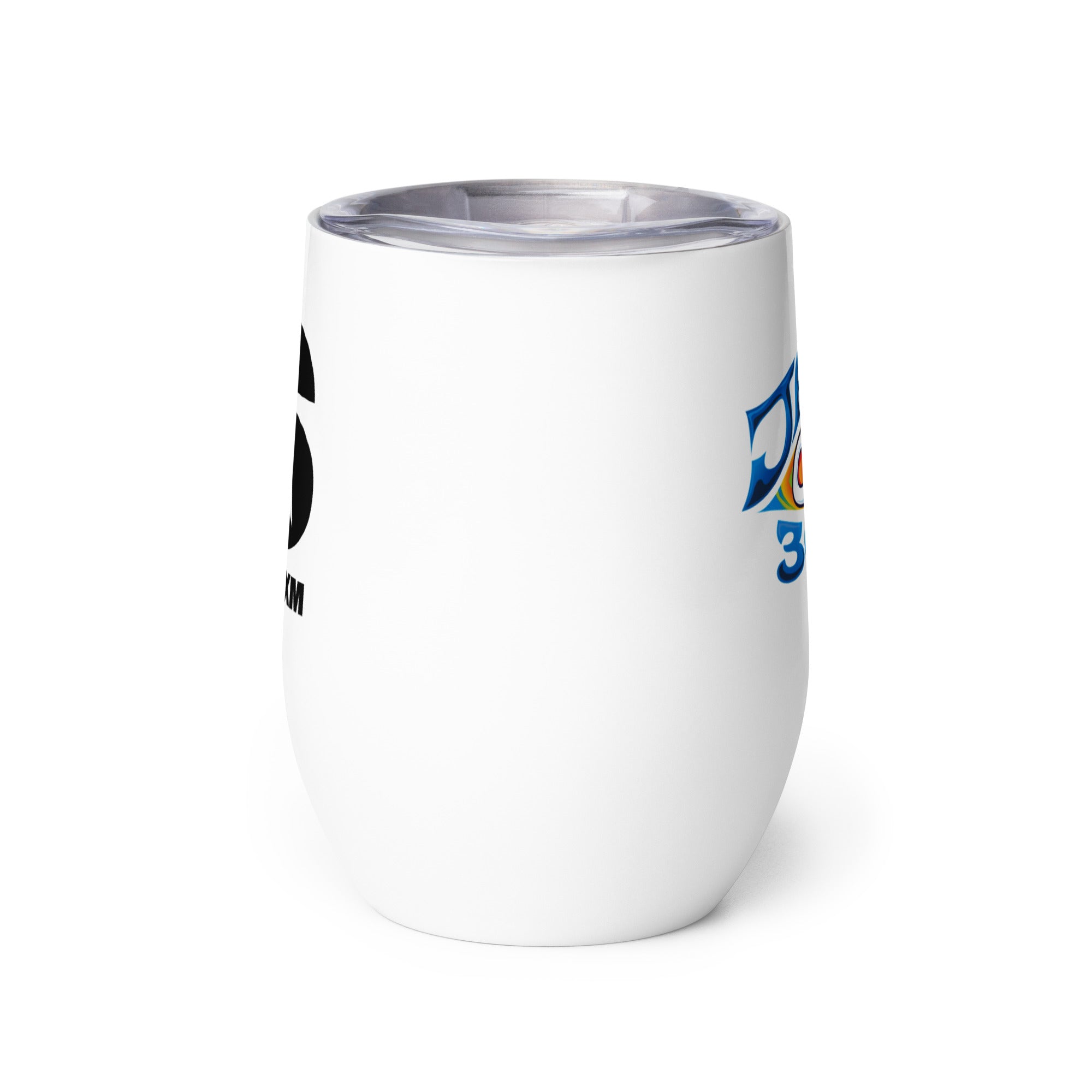 Side view of white insulated tumbler partially, displaying front and back designs.