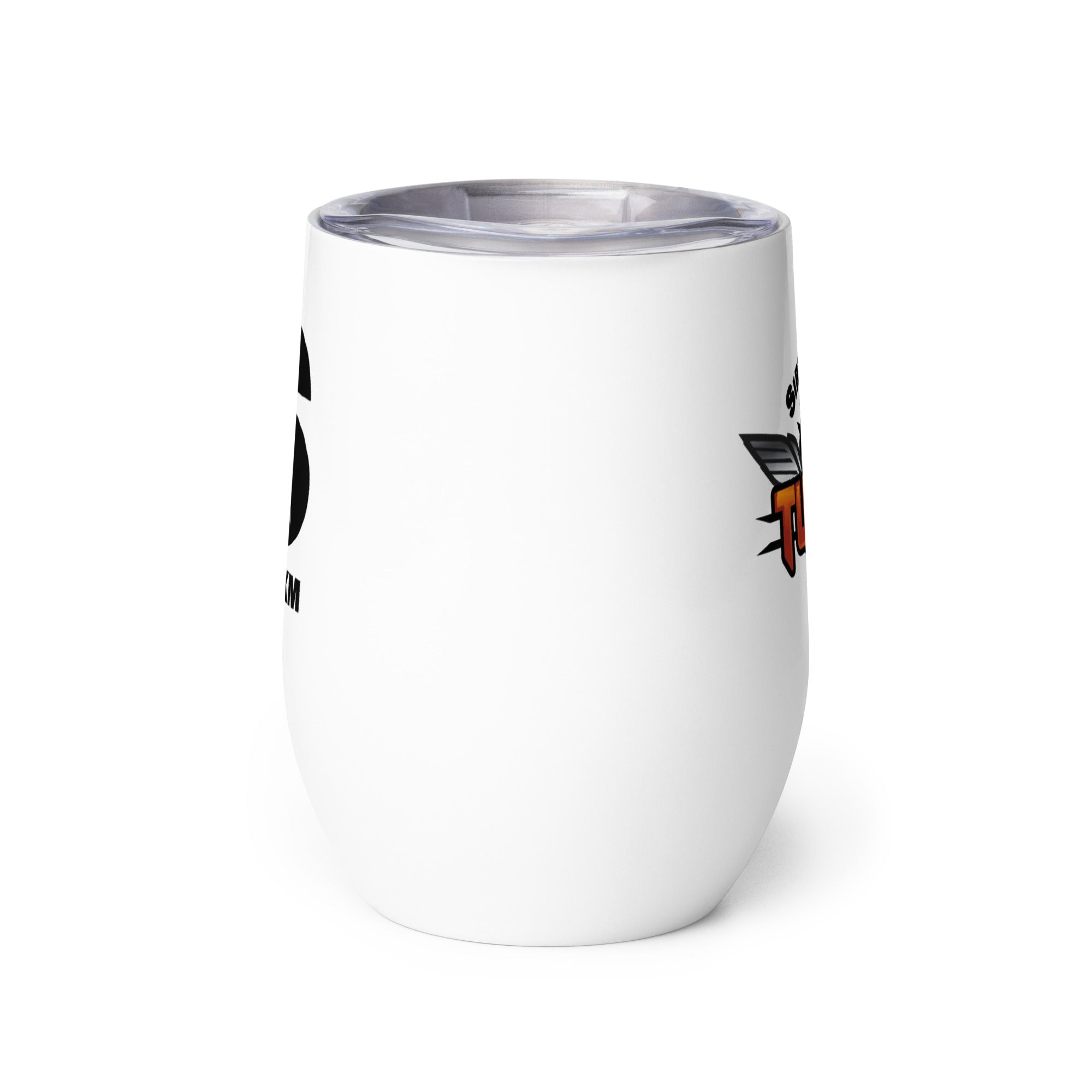 Side view of white insulated tumbler partially, displaying front and back designs.